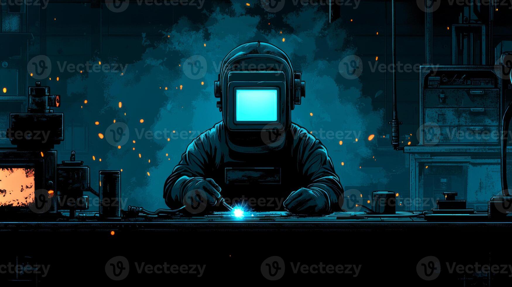 A skilled worker in a welding helmet operates machinery in a dimly lit industrial workshop. Bright sparks fly as fabrication occurs, highlighting precision and craftsmanship. photo