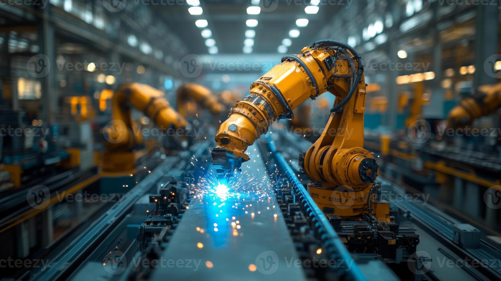 In a modern factory, robotic arms efficiently perform precision welding on metal components, showcasing automation and engineering advancements. photo