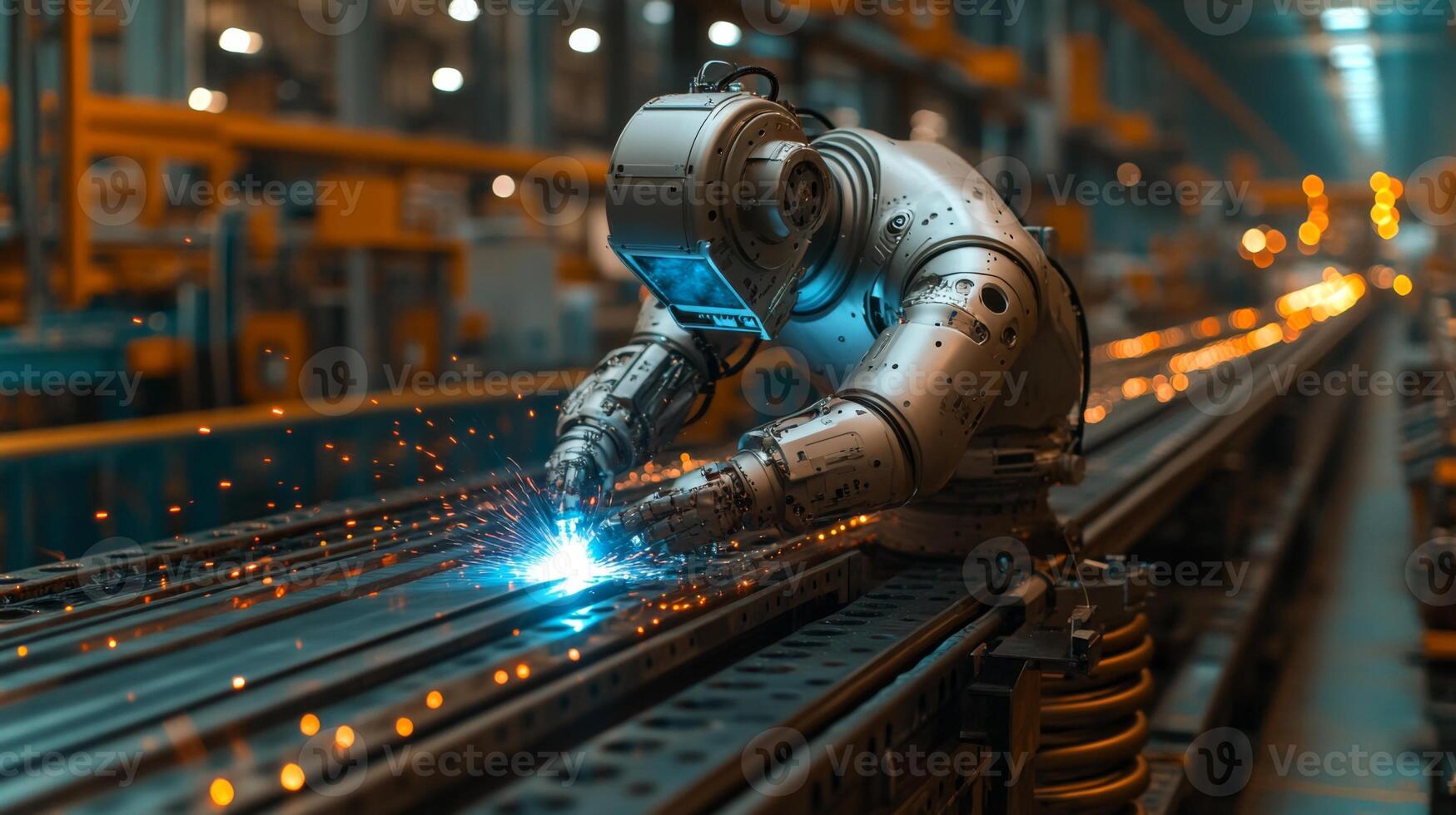 In a corporate manufacturing facility, a robotic arm expertly performs welding tasks on metal components as sparks fly across the conveyor. Advanced automation enhances production efficiency. photo