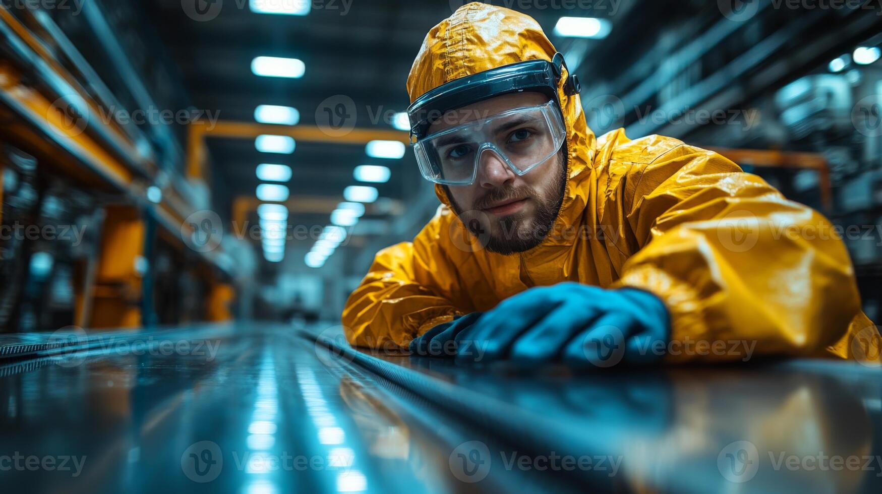 A dedicated worker in a yellow protective suit and goggles engages with machinery in a bustling factory. The workspace is filled with industrial equipment and safety features. photo
