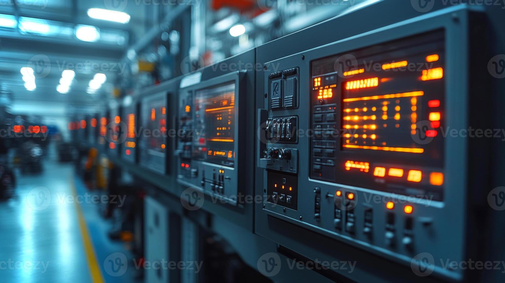 High-tech automation systems are prominently displayed in a well-lit manufacturing workshop. Operators monitor safety and efficiency in various engineering processes. photo