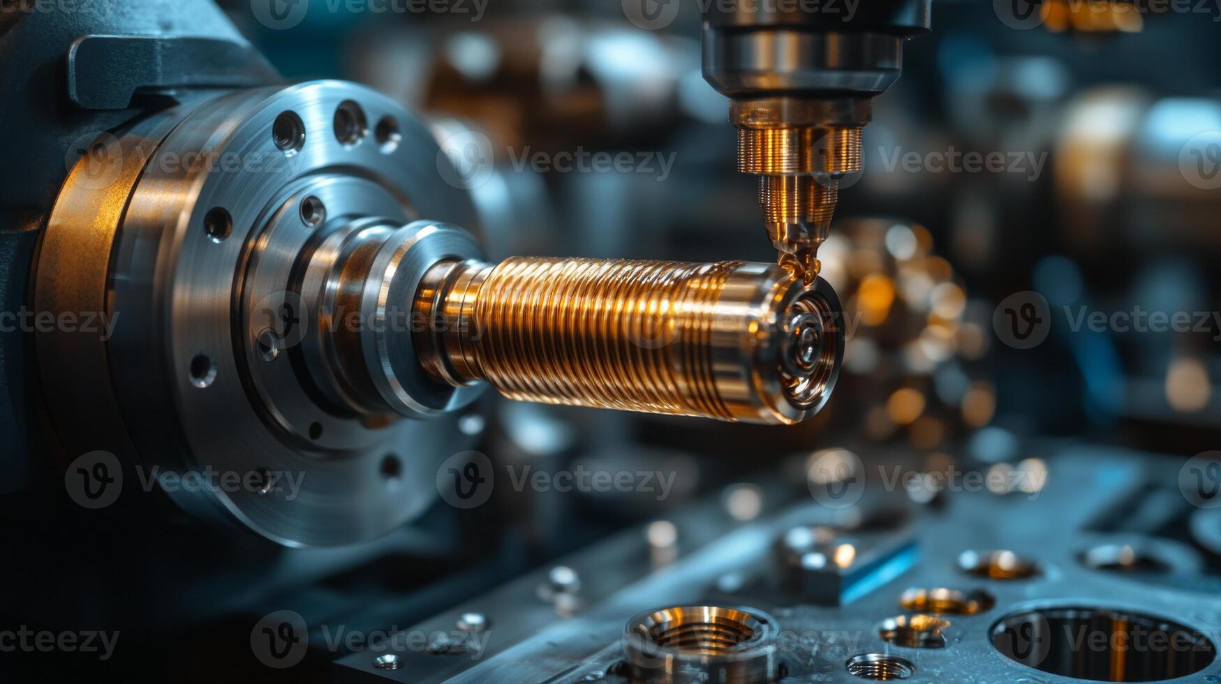 Intricate machining is taking place in a bustling manufacturing facility. Advanced machinery shapes metal components with high precision as automated systems streamline production processes. photo