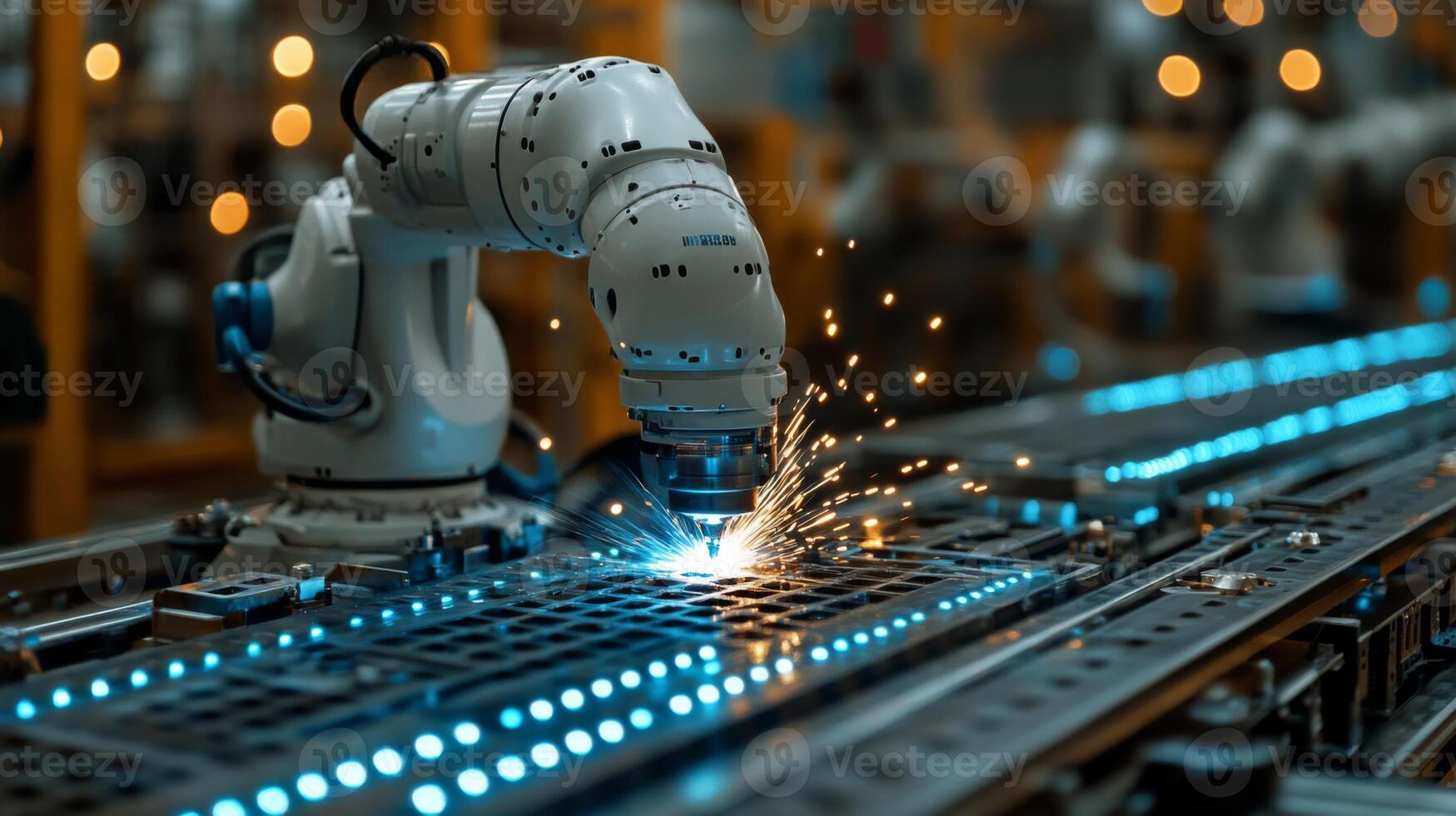 In a cutting-edge manufacturing facility, a robotic arm efficiently welds metal pieces, generating sparks while enhancing production speed and quality through automation and engineering precision. photo
