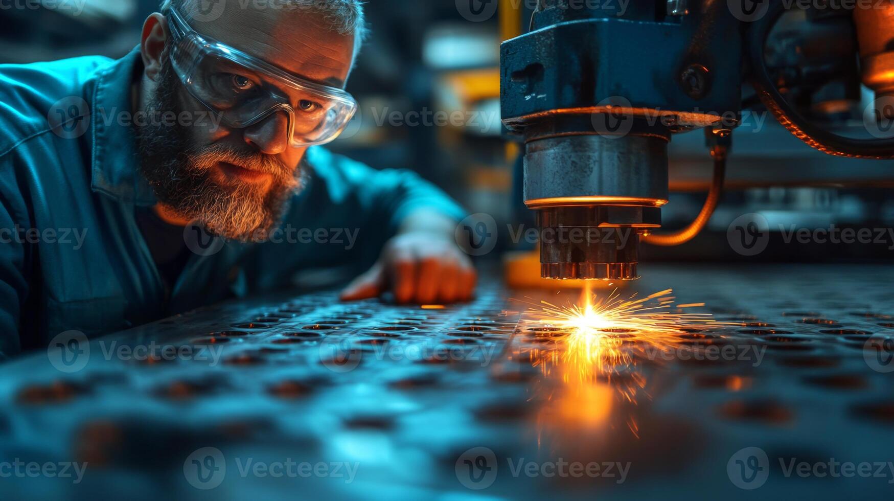 A technician closely monitors a laser cutting process in a factory setting at night, showcasing precision engineering. photo
