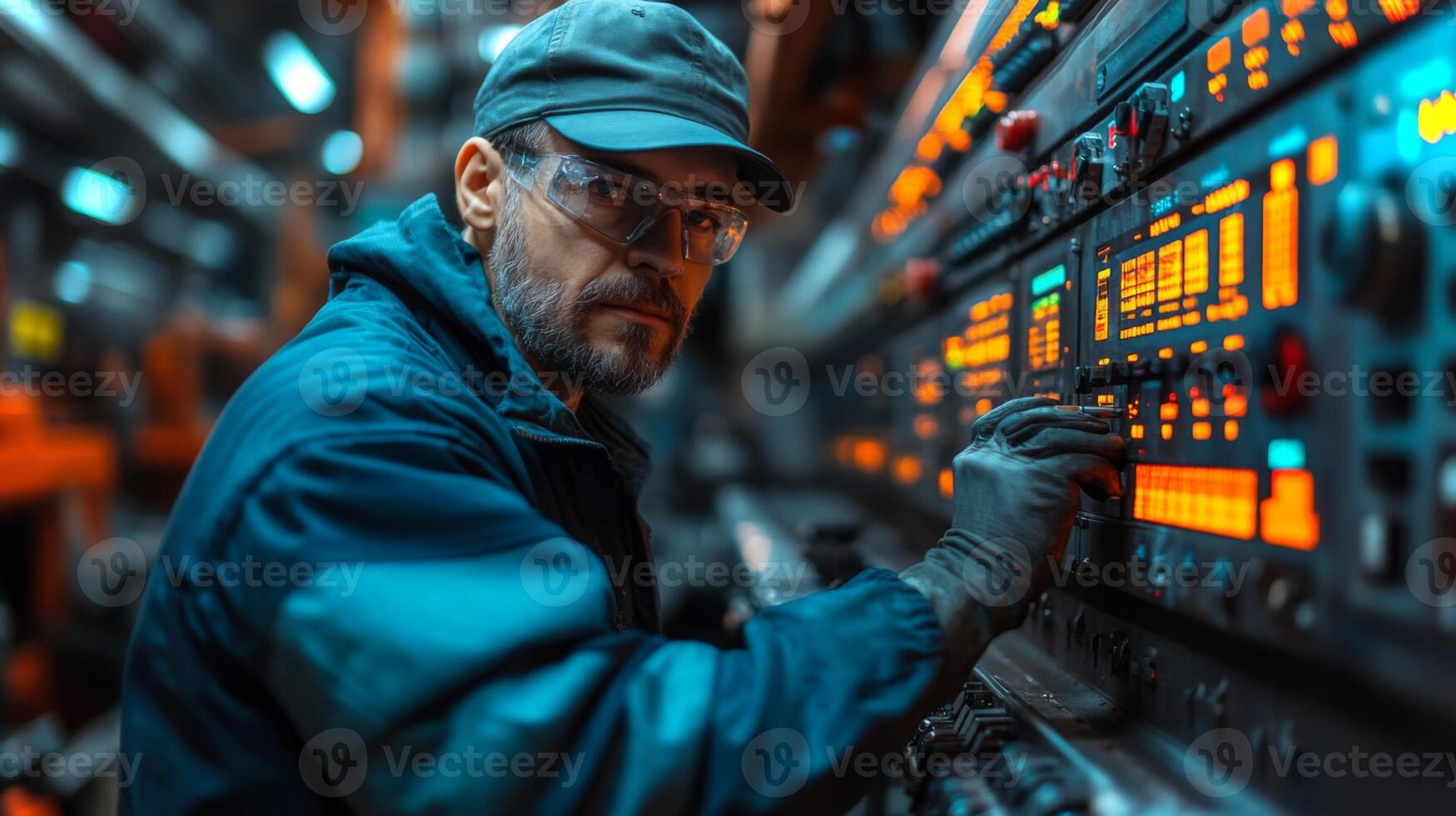 A skilled worker is focused on adjusting industrial automation controls in a manufacturing workshop, surrounded by complex machinery and glowing indicators. photo