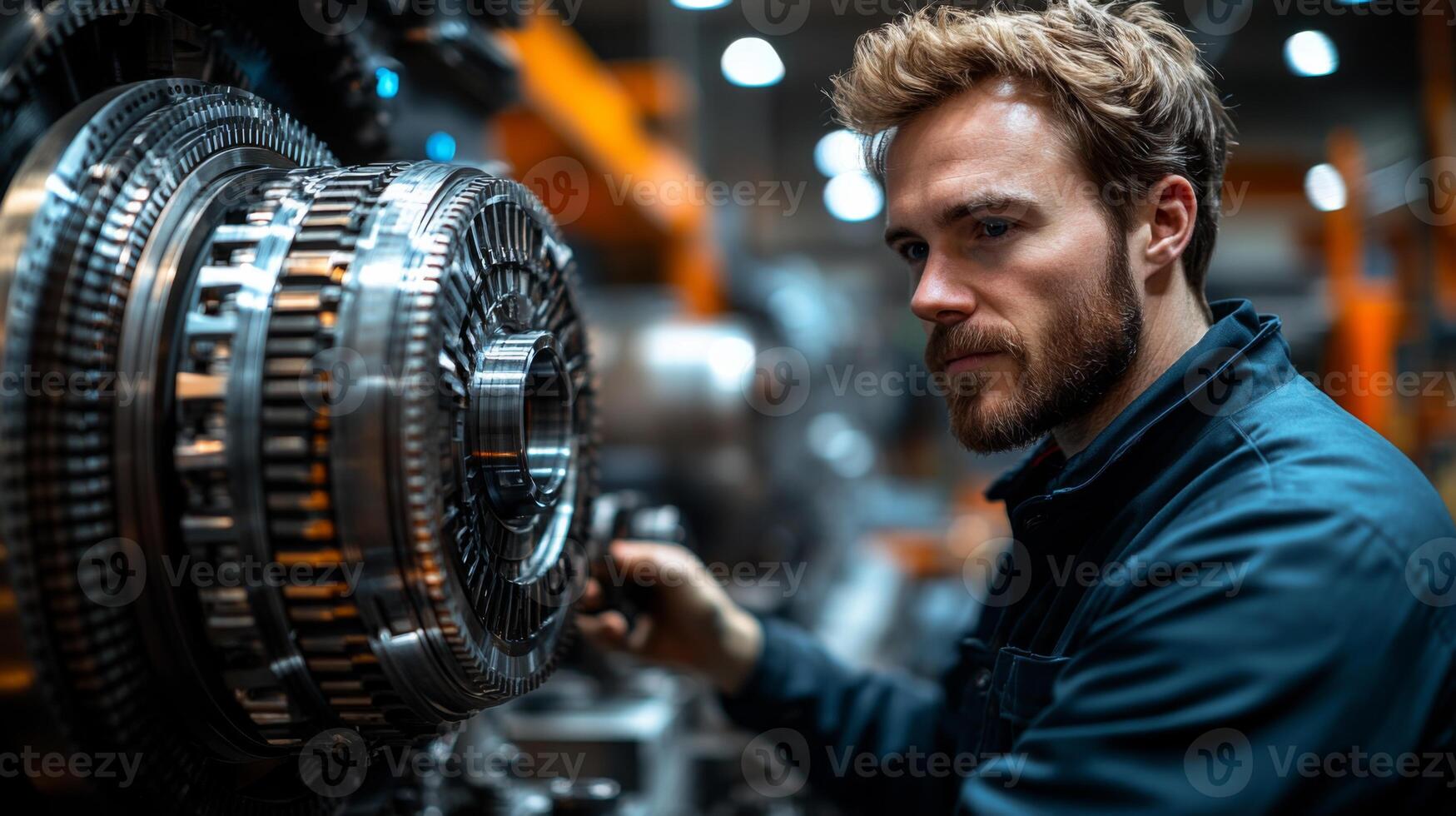 A technician is engrossed in inspecting sophisticated machinery within a bustling factory environment. The atmosphere reflects a commitment to precision and safety in industrial practices. photo