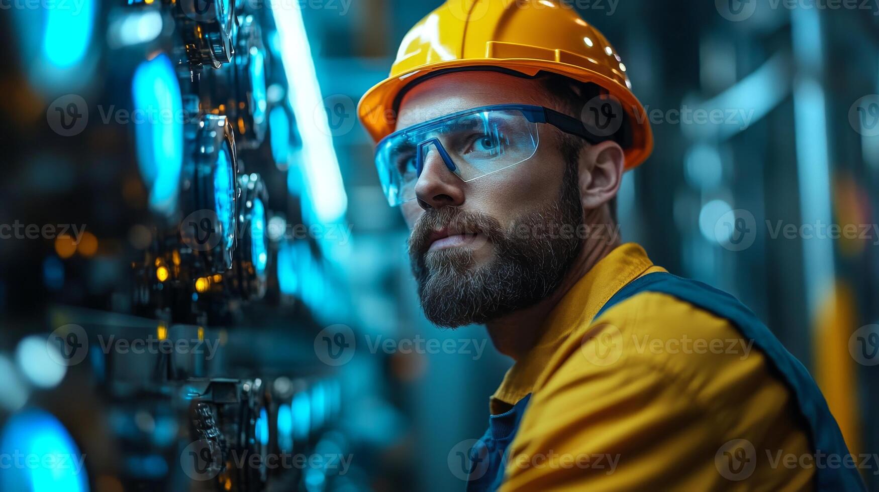 A skilled worker in safety gear inspects automated machinery in a high-tech factory. The environment showcases advanced engineering and equipment for efficient manufacturing. photo