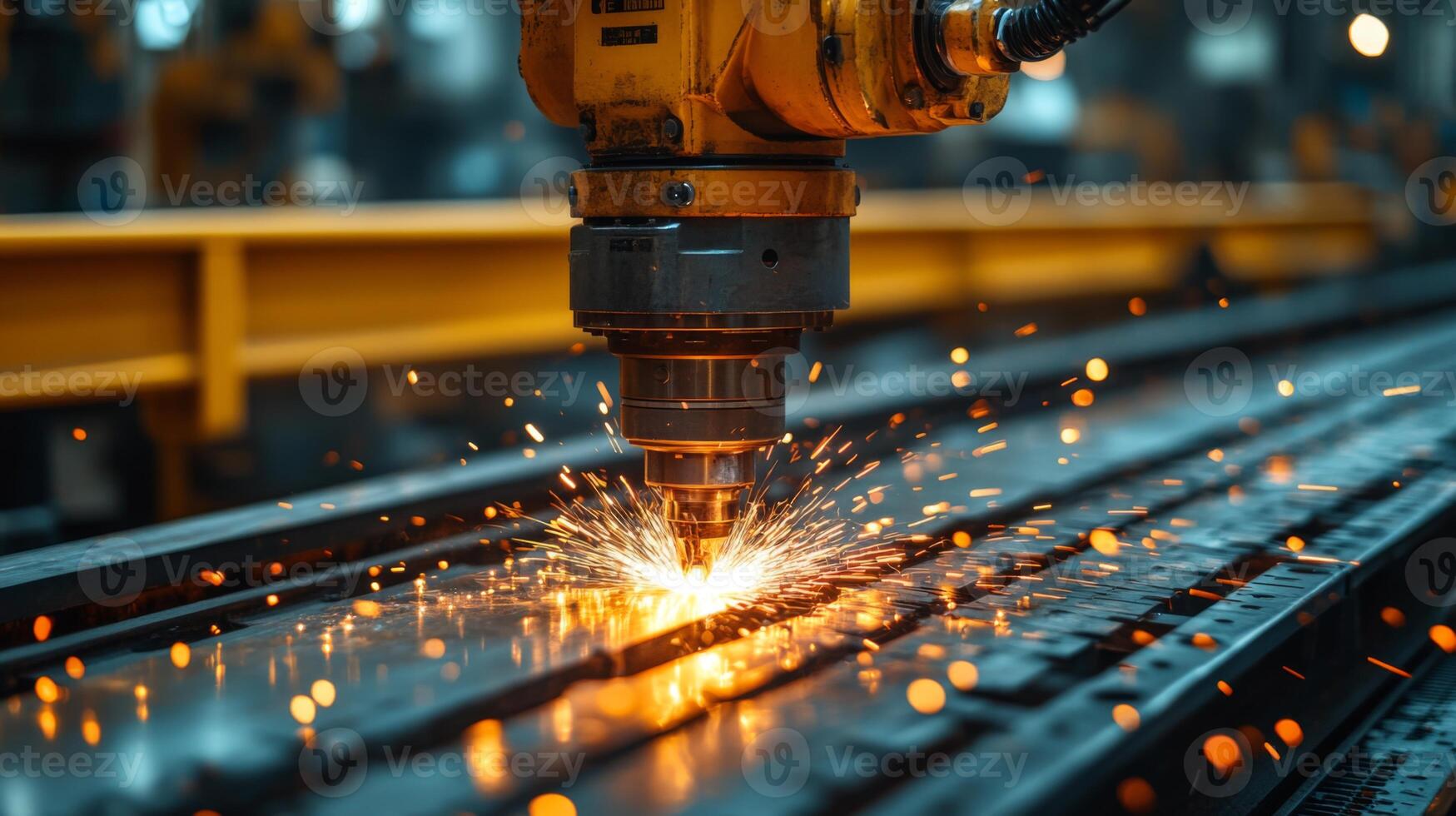In an advanced manufacturing facility, a robotic arm performs precision cutting on metal tracks, creating bright sparks. This showcases automated engineering and efficiency in action. photo