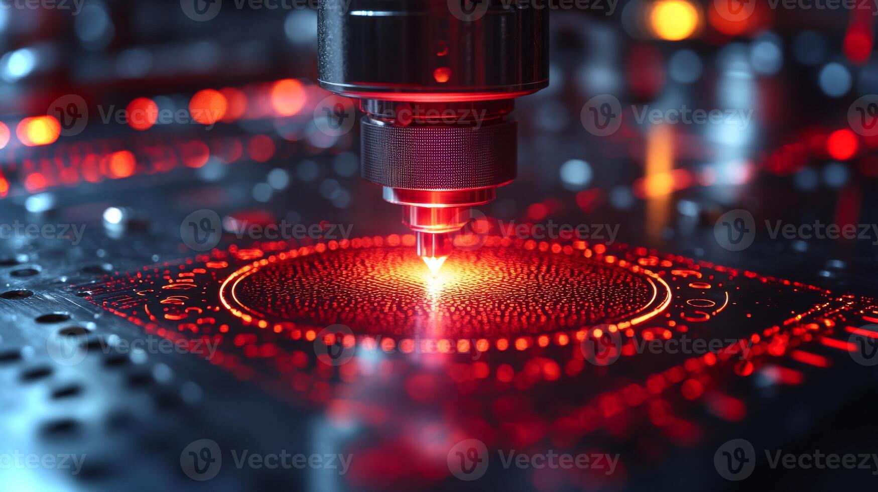 A laser cutter operates on a metal surface, showcasing precision engineering and automation in a modern manufacturing facility. Bright lights illuminate the workspace, enhancing efficiency. photo