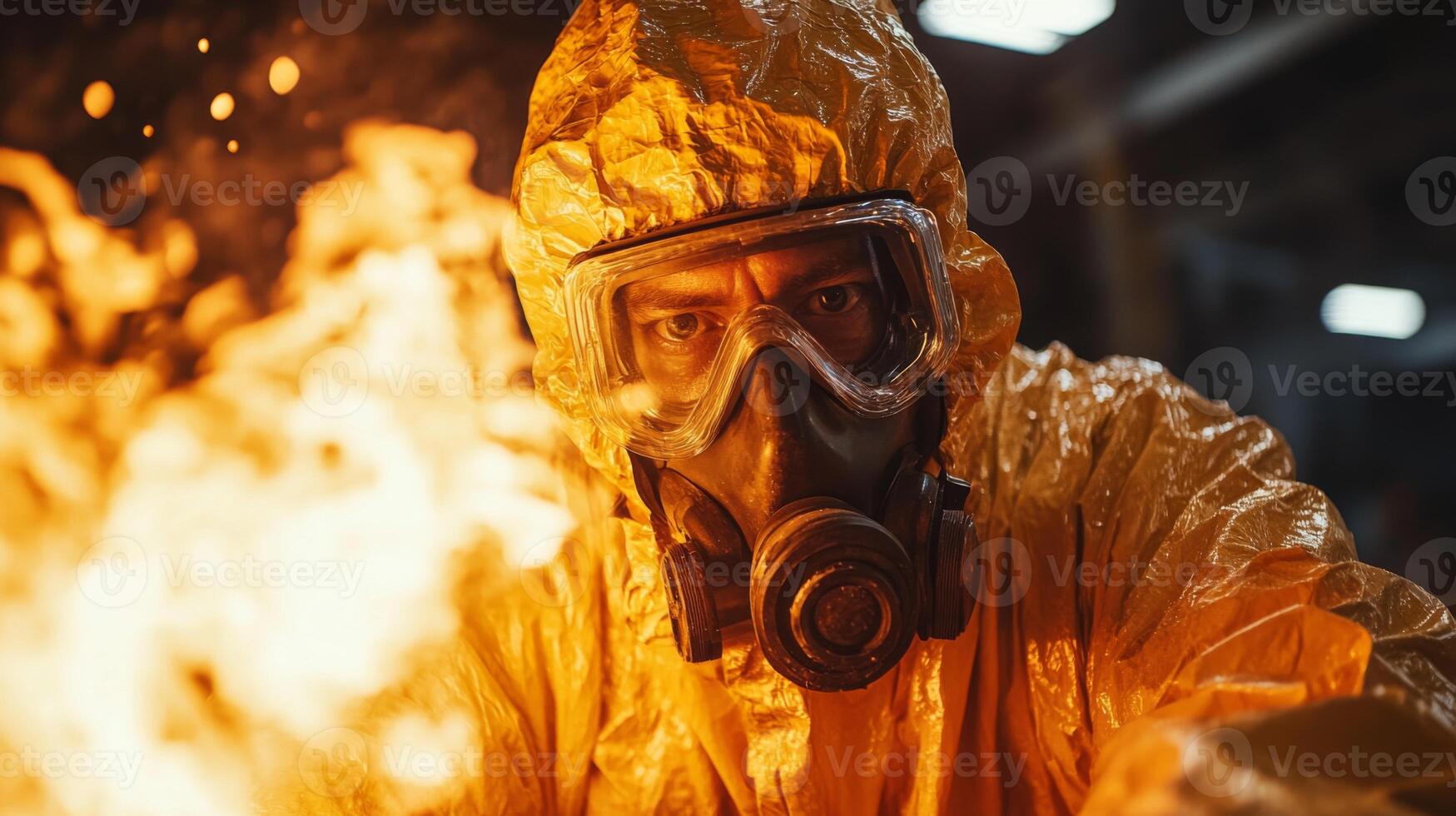 A worker in a yellow protective suit and mask handles a situation with flames in a manufacturing setting. Safety gear highlights the intensity of the industrial work being performed. photo