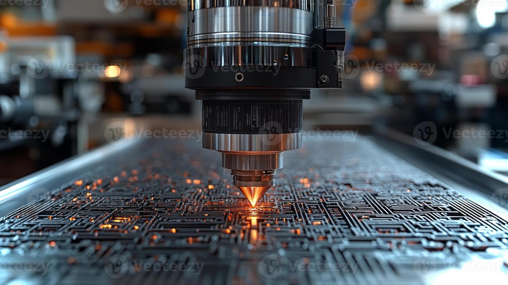 A high-precision laser cutter operates on an intricate circuit board in a state-of-the-art manufacturing facility. photo