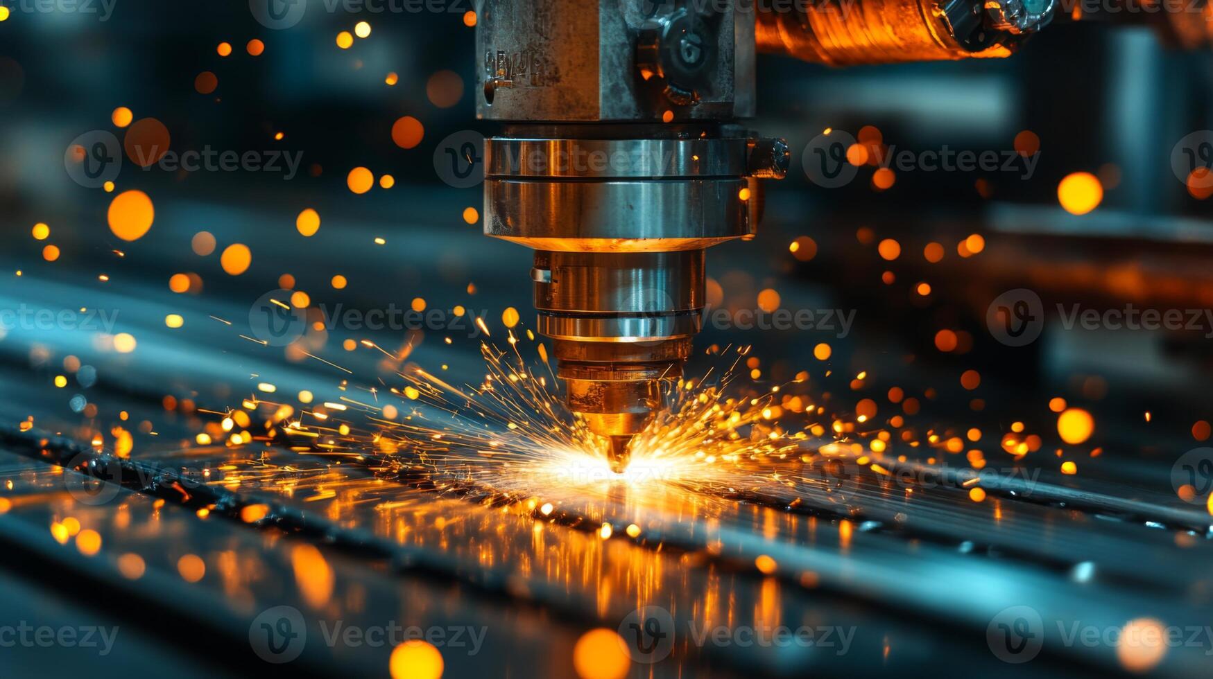 A laser cutter focuses on metal sheets in a manufacturing facility, generating sparks and precision cuts. Advanced machinery showcases automation in the production process. photo