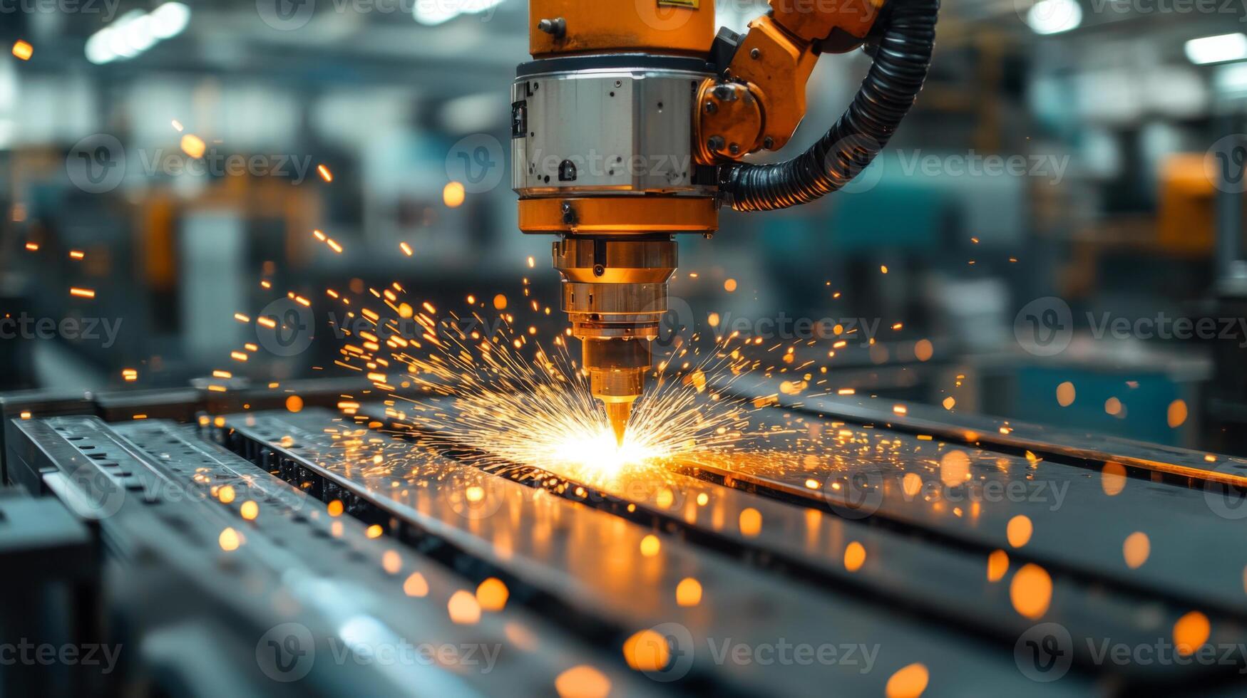 A robotic arm equipped with a laser cutter is actively engaged in cutting metal sheets in a busy manufacturing plant. Sparks fly from the precision work, showcasing advanced automation technology. photo