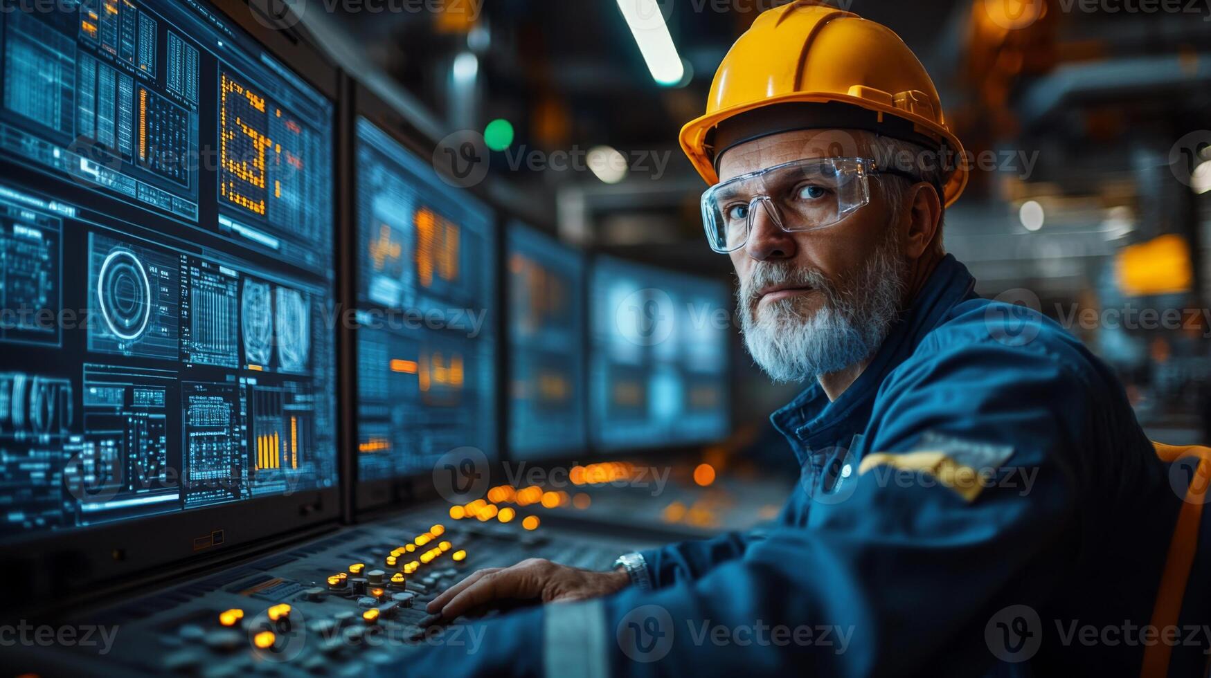 An engineer in a safety helmet and glasses oversees the automated manufacturing process at a high-tech facility. He interacts with multiple control panels displaying complex data. photo