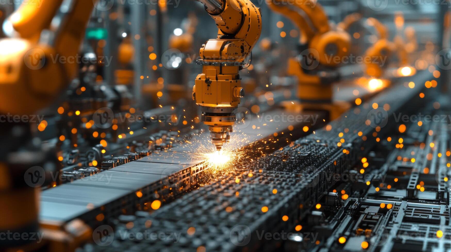A high-tech factory features multiple robotic arms engaging in precise tasks along a conveyor system. Sparks fly as automated machines enhance production efficiency and accuracy. photo