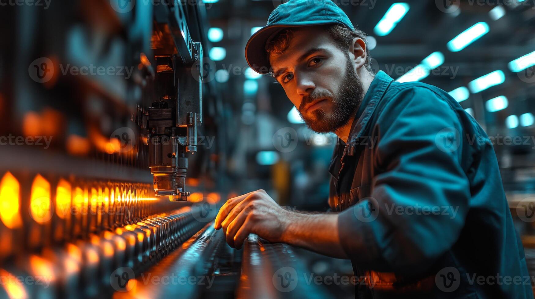 A skilled worker focuses intently while operating precision machinery in a contemporary manufacturing plant. The environment is vibrant with automated systems and orange lighting. photo