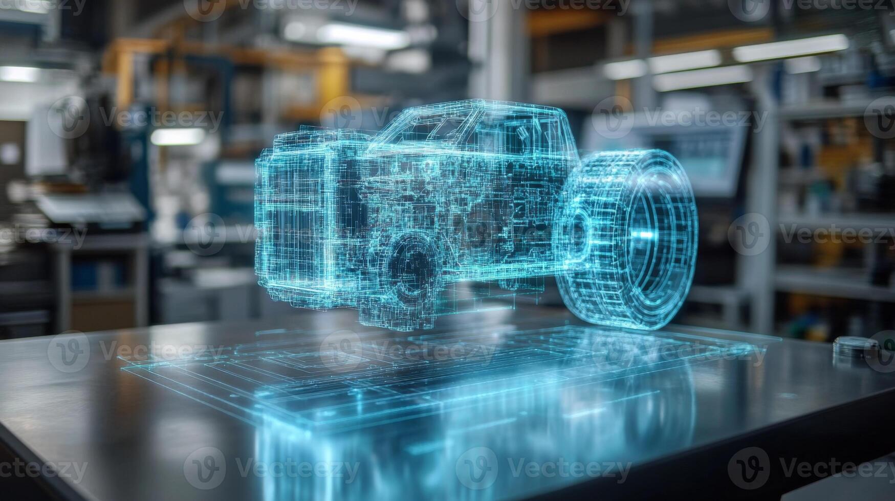A digital representation of heavy machinery is displayed on a table in a high-tech manufacturing workshop. Engineers are utilizing automation tools to enhance design. photo