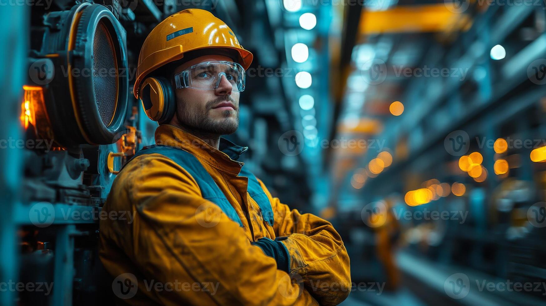 A skilled worker wearing safety gear stands confidently in a sprawling factory, monitoring automated machinery and ensuring efficient production processes during a busy work shift. photo