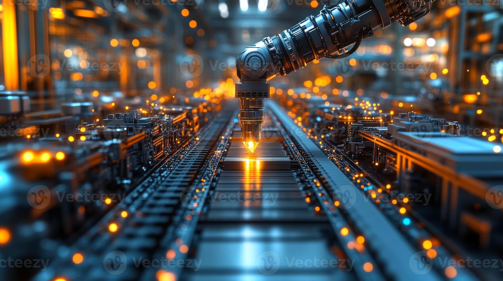 A robotic arm is engaged in precision fabrication, utilizing laser technology to process materials on a busy production line in a modern manufacturing facility. photo