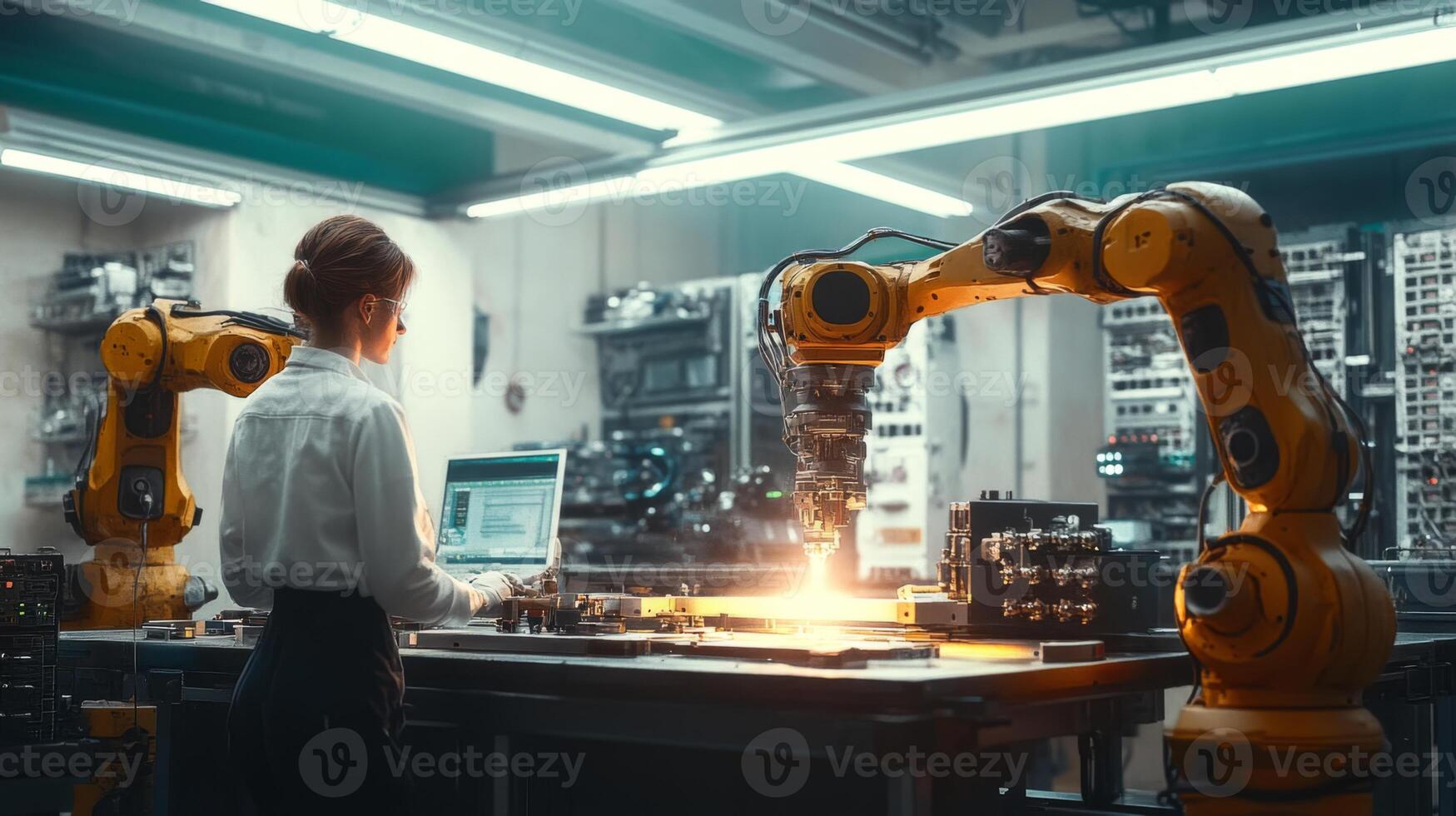 A technician works with robotic arms in a manufacturing workshop, using a laptop to manage automation equipment. The well-lit environment showcases advanced industrial technology. photo