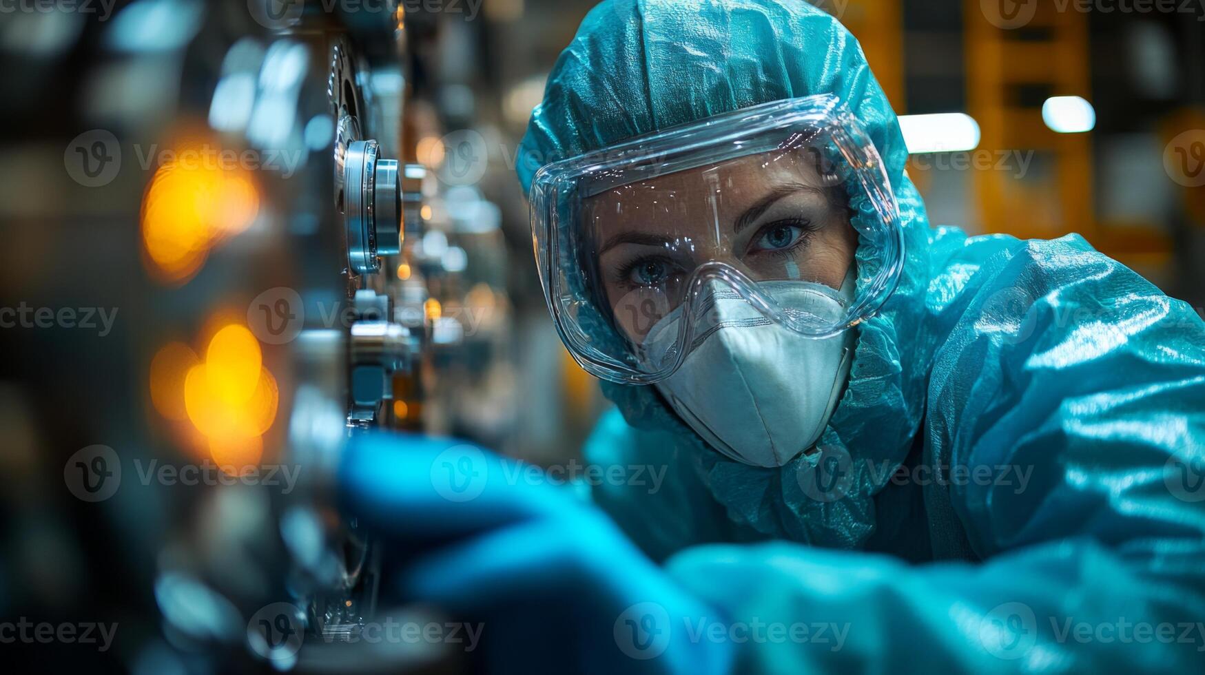 A dedicated worker wearing protective clothing and a mask is carefully examining the machinery in an industrial manufacturing setting. Safety is prioritized in the workspace. photo