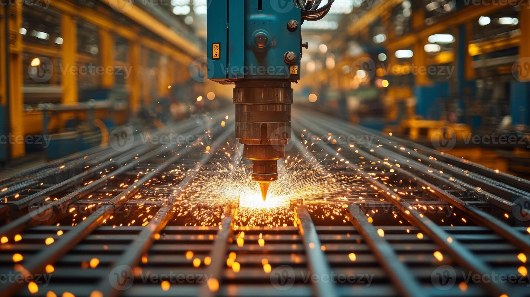 A laser cutting machine operates in a bustling manufacturing facility, igniting sparks as it processes metal sheets. The setting reflects modern automation and precision engineering. photo