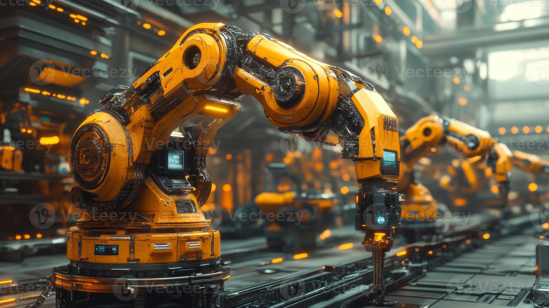 High-tech robotic arms are engaged in a complex manufacturing process within a spacious industrial factory. Automation and engineering work together to streamline production. photo