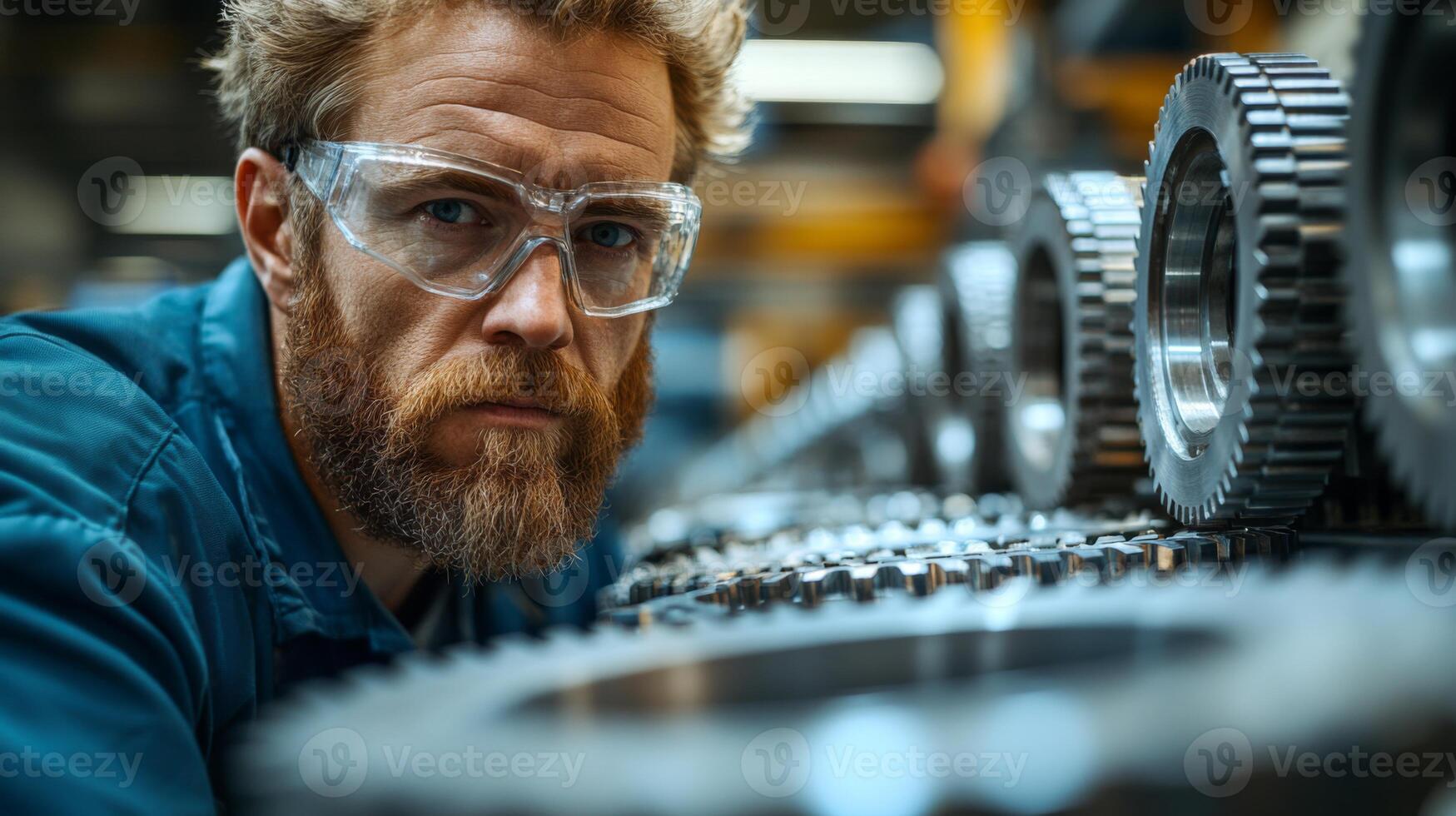 An engineer wearing safety glasses closely examines precision gears arranged in a factory setting, ensuring quality during the automated production process. photo
