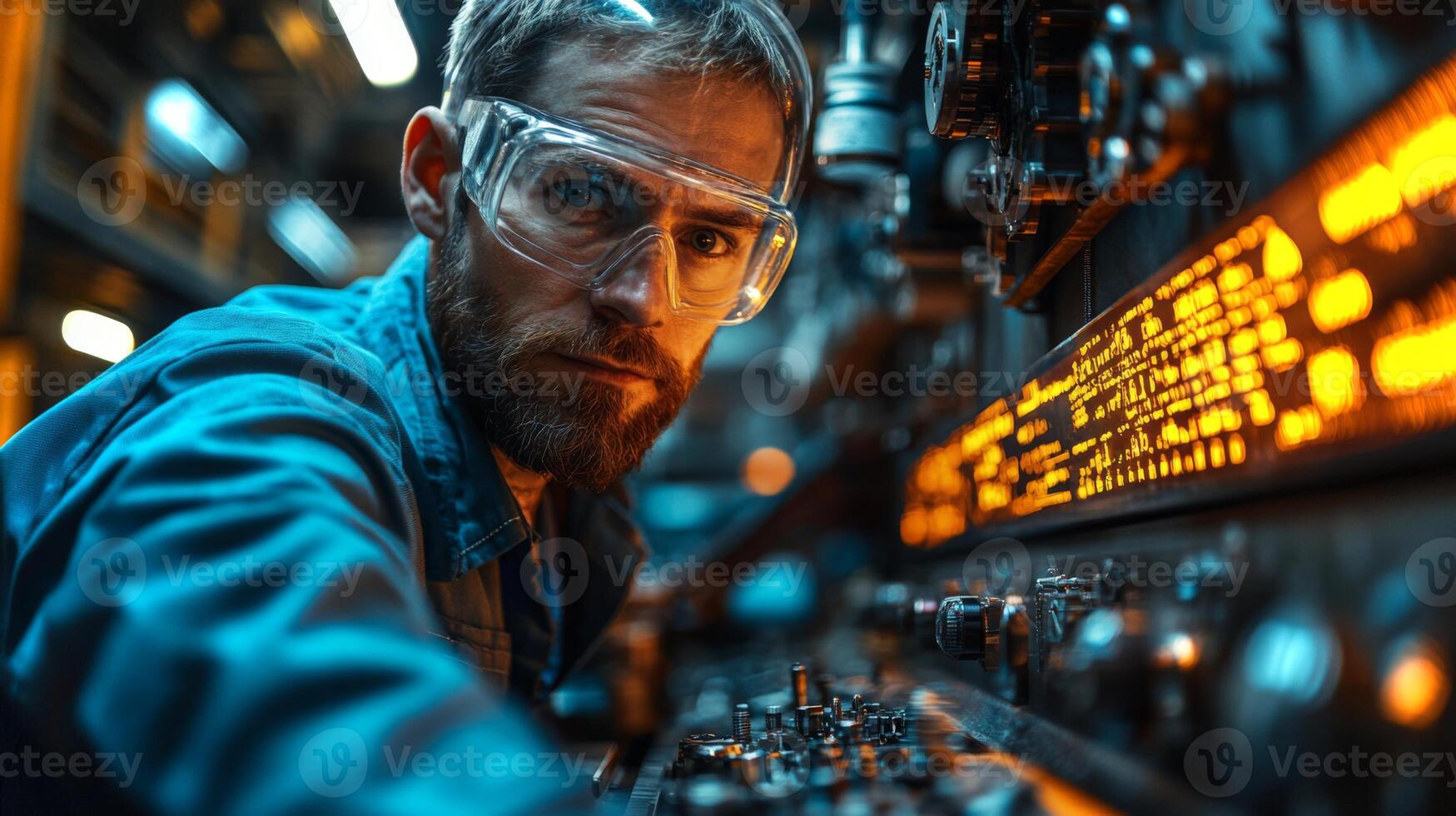 A dedicated technician is engaged in adjusting machinery in a bustling industrial factory. The ambient lighting highlights the automated equipment and the safety measures taken by the worker. photo