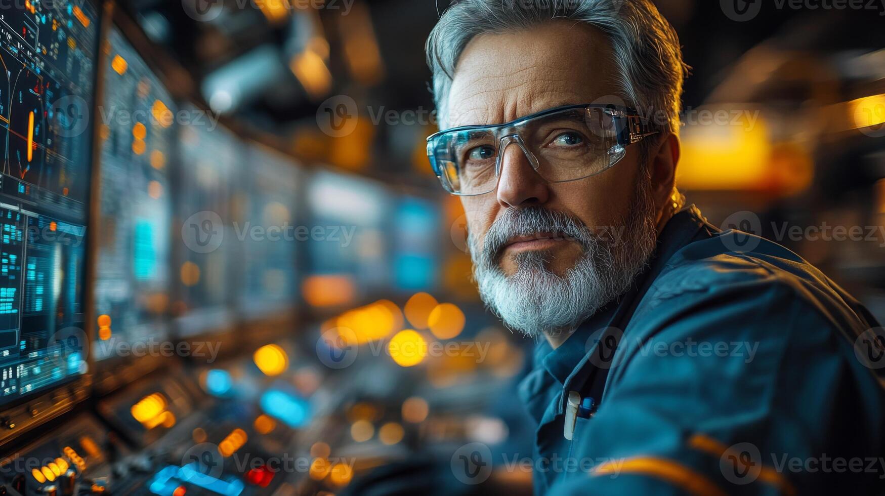 An engineer in a manufacturing factory focuses on automation controls. The workspace features advanced equipment and screens displaying operational data, emphasizing safety and efficiency. photo