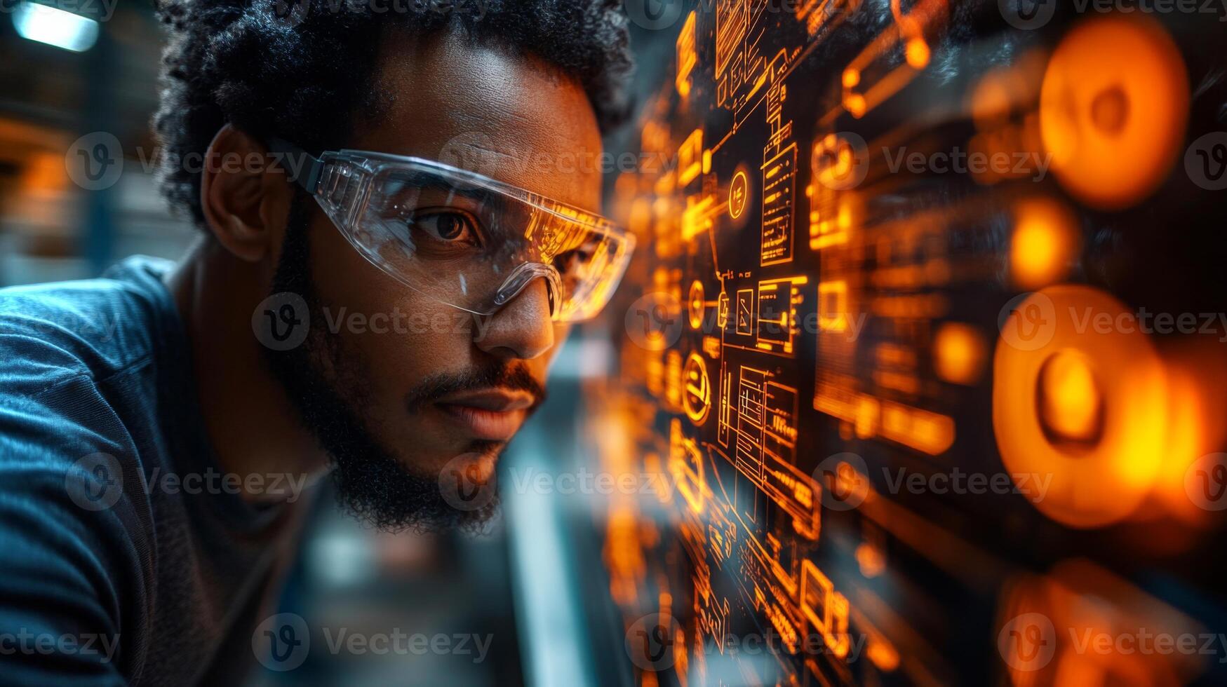 An engineer wearing safety glasses closely examines complex automation data on a high-tech display in a busy manufacturing facility. photo