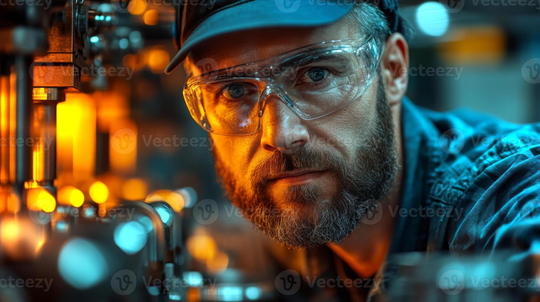 A worker is intently monitoring complex machinery in a high-tech manufacturing facility. Dim lighting enhances the precision of the automated equipment during evening shifts. photo