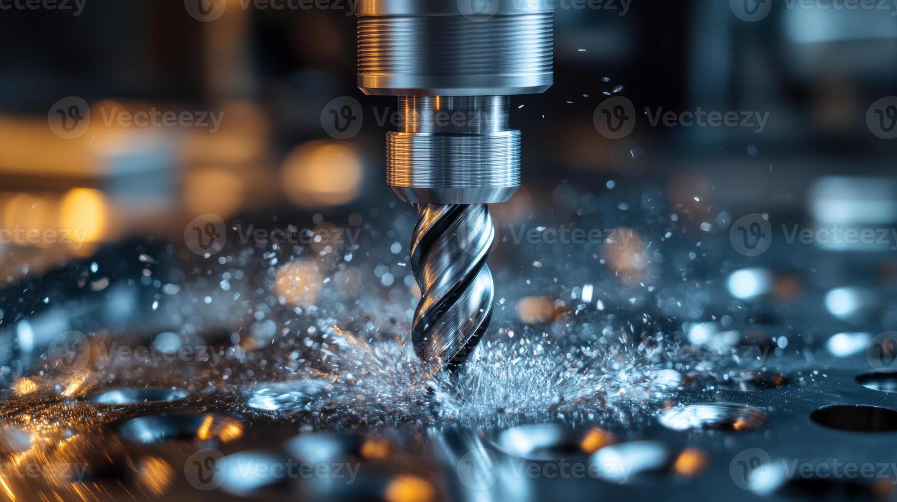The machining process showcases a spiral drill bit making contact with metal, creating sparks and liquid droplets in a high-tech manufacturing environment. photo