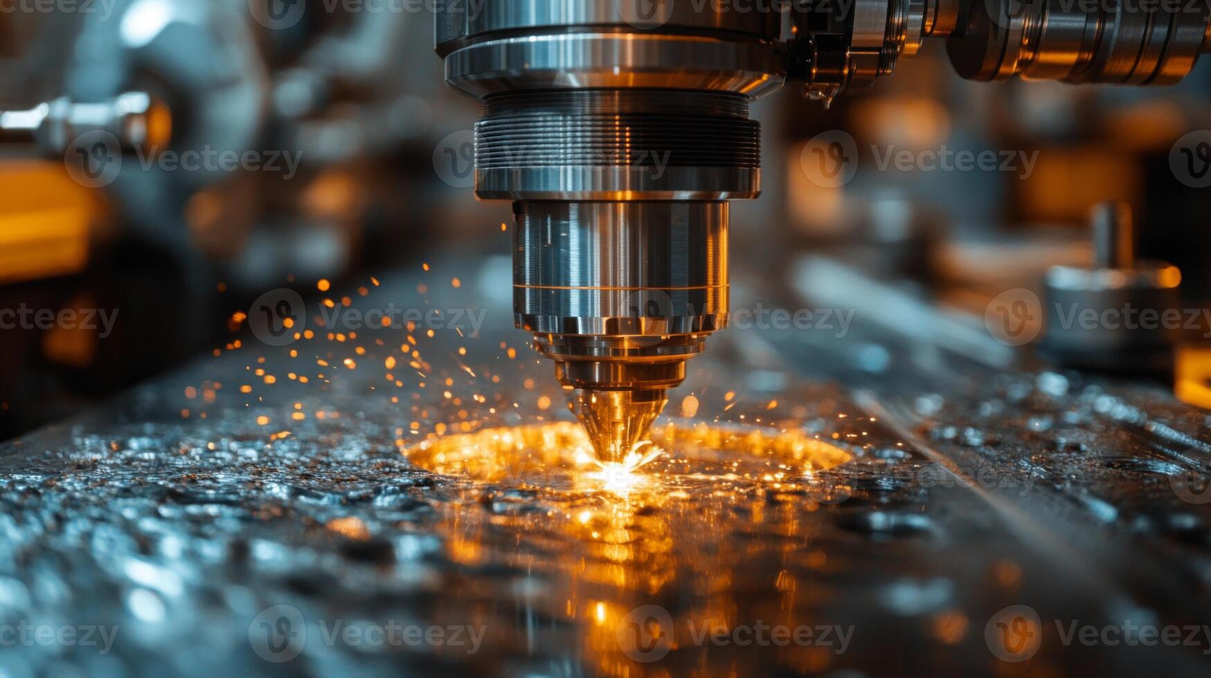 Advanced machinery performs precision cutting, creating bright sparks as metal is processed in a modern, automated manufacturing facility. photo