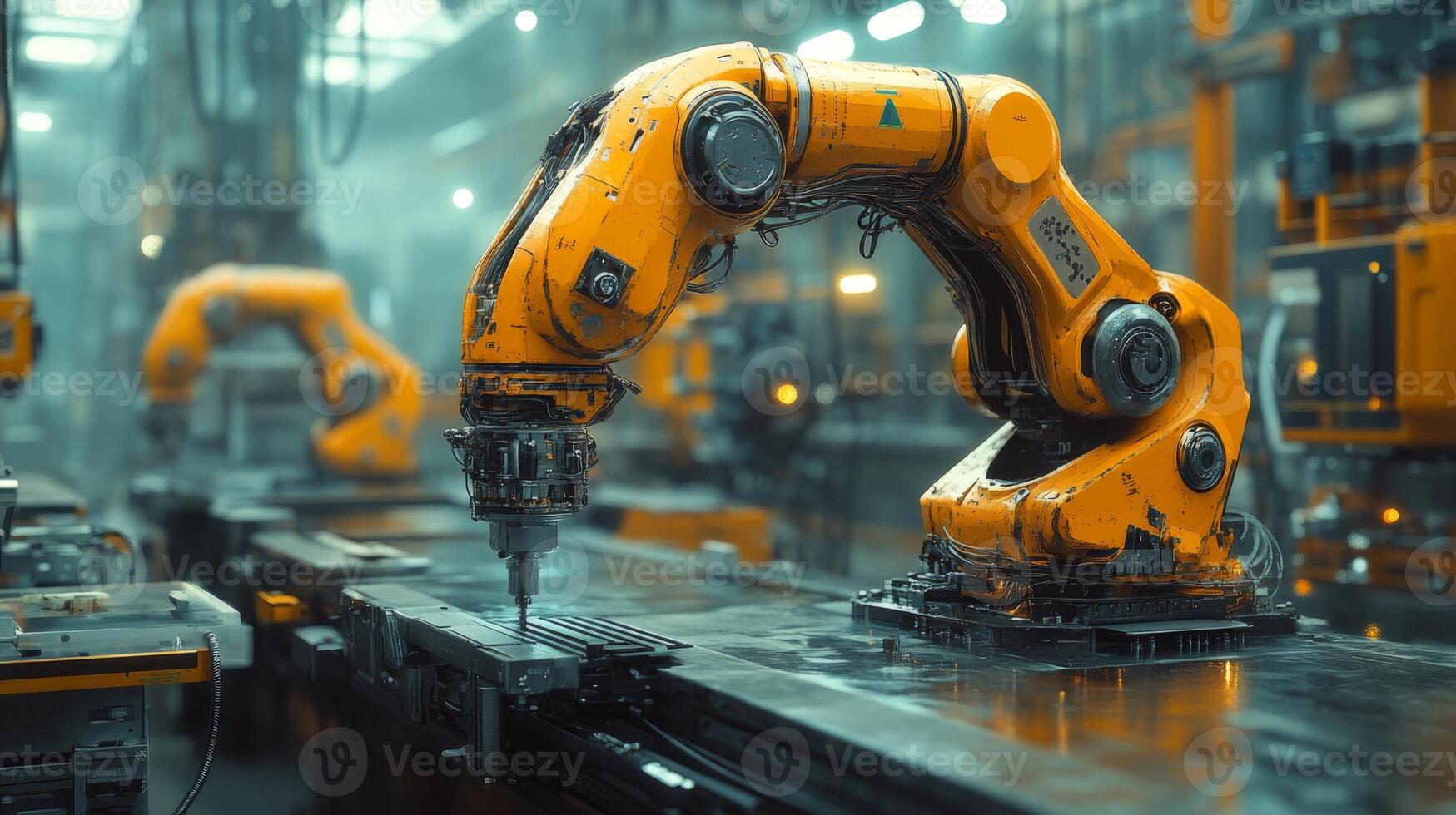 In a state-of-the-art factory, robotic arms efficiently assemble components on conveyor belts, enhancing productivity through automation and precise engineering. photo