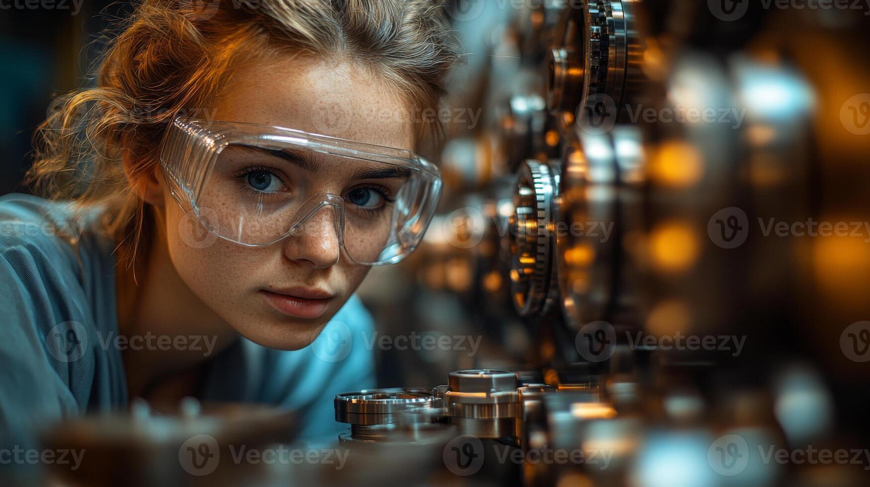 A young woman wearing safety goggles is closely examining intricate machinery in a modern industrial workshop. The environment highlights advanced automation and engineering practices. photo