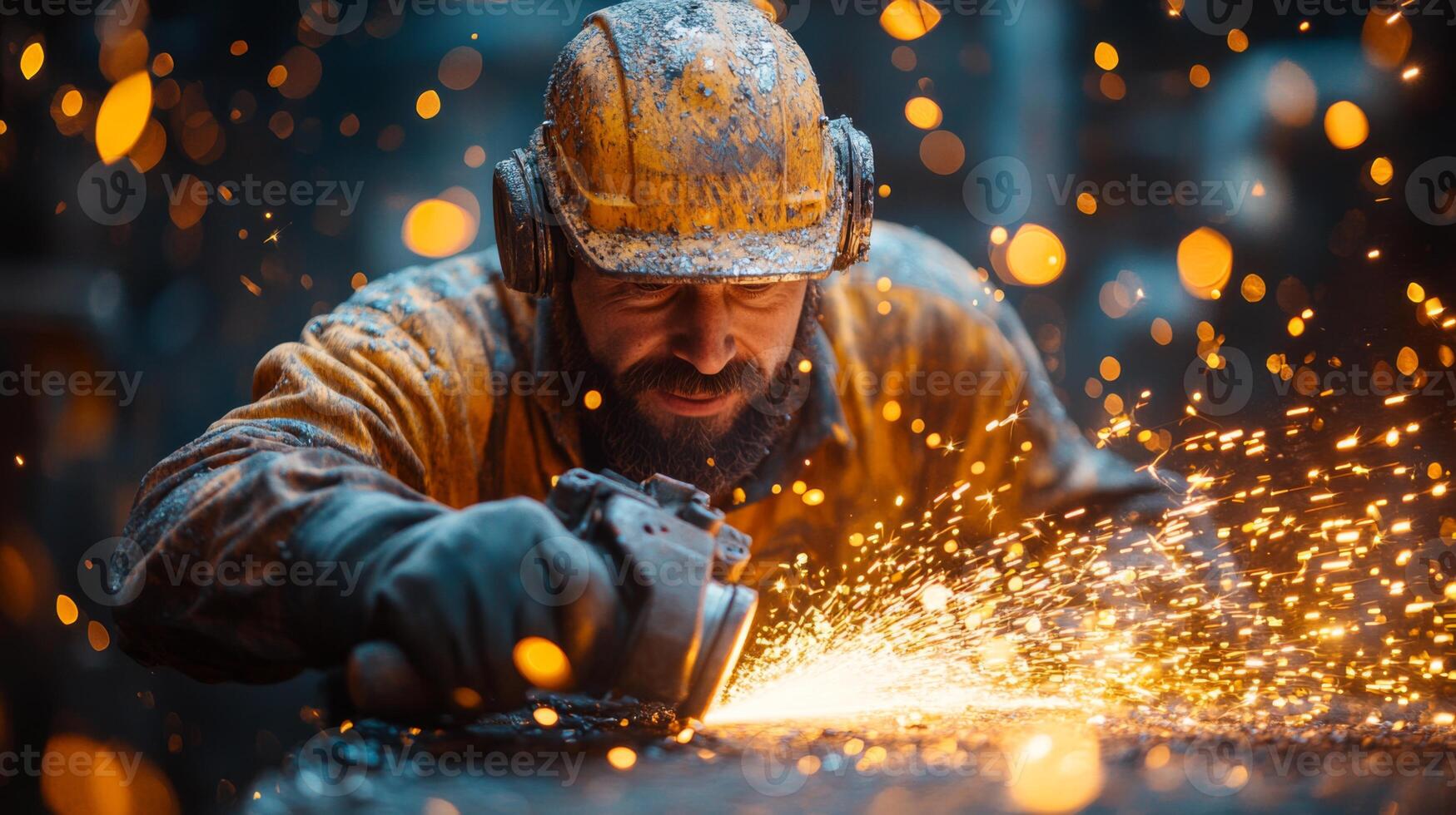 A worker in protective gear is focused on metal fabrication, using a grinding tool that creates bright sparks. The factory is busy with automated machinery operating nearby. photo