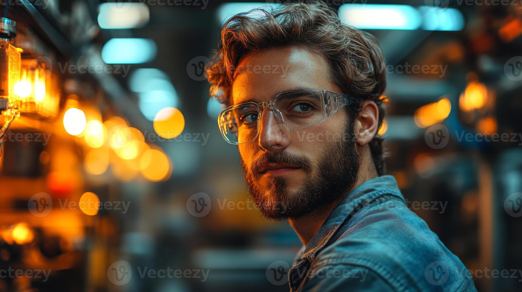A focused engineer monitors automated machinery within a bustling factory environment. photo