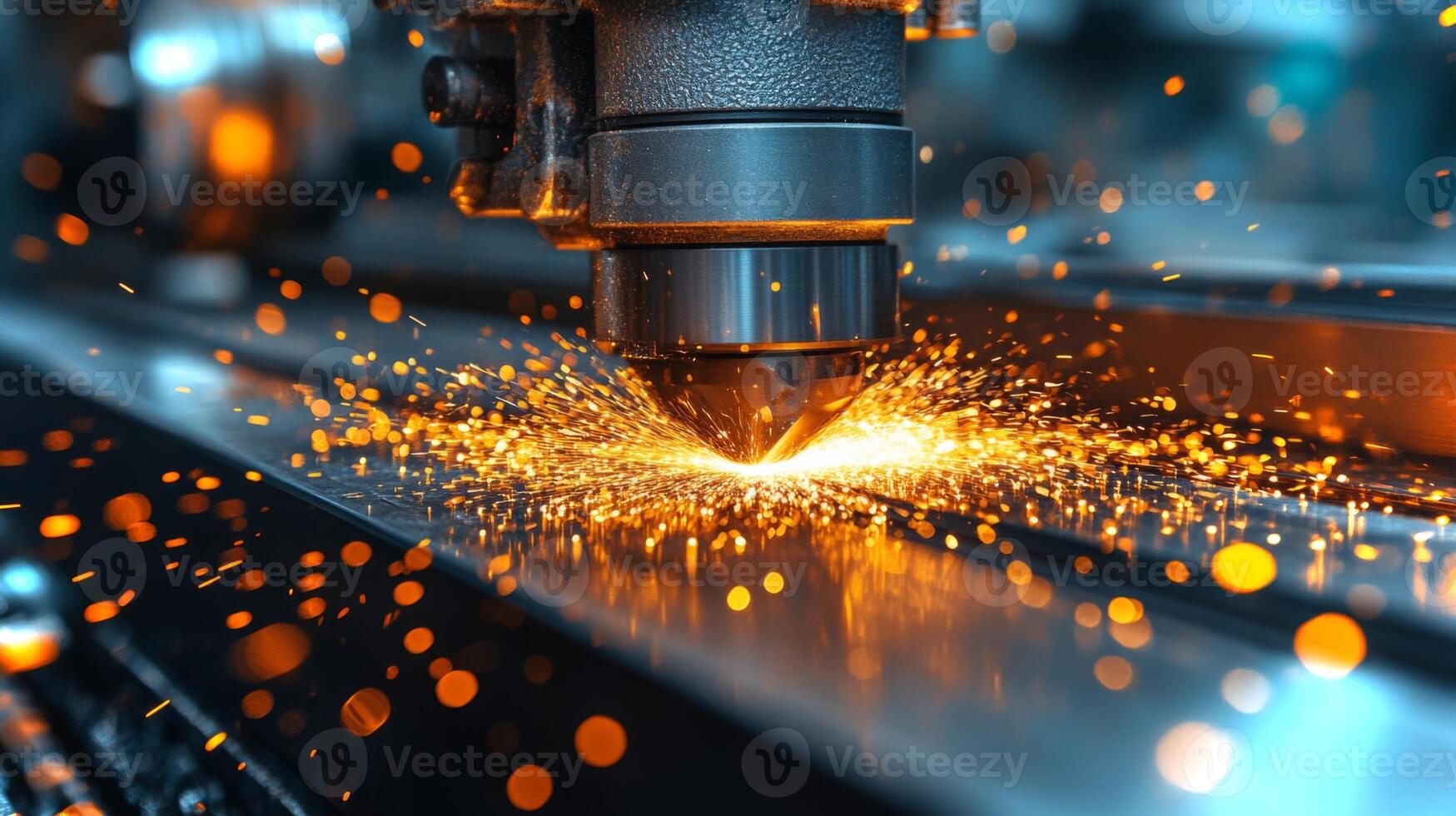 A laser cutting tool is actively processing a metal sheet in a high-tech manufacturing facility, producing bright sparks and showcasing automation and engineering advancements. photo