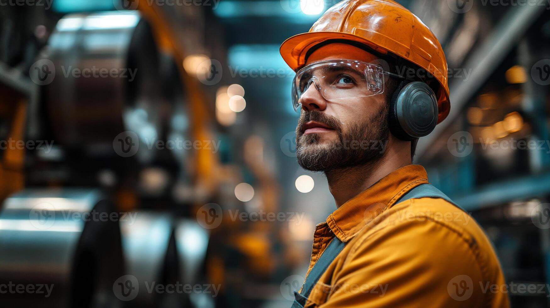 A focused worker wearing a hard hat and safety gear studies the machinery in a busy factory environment. The facility features advanced automation and production lines. photo