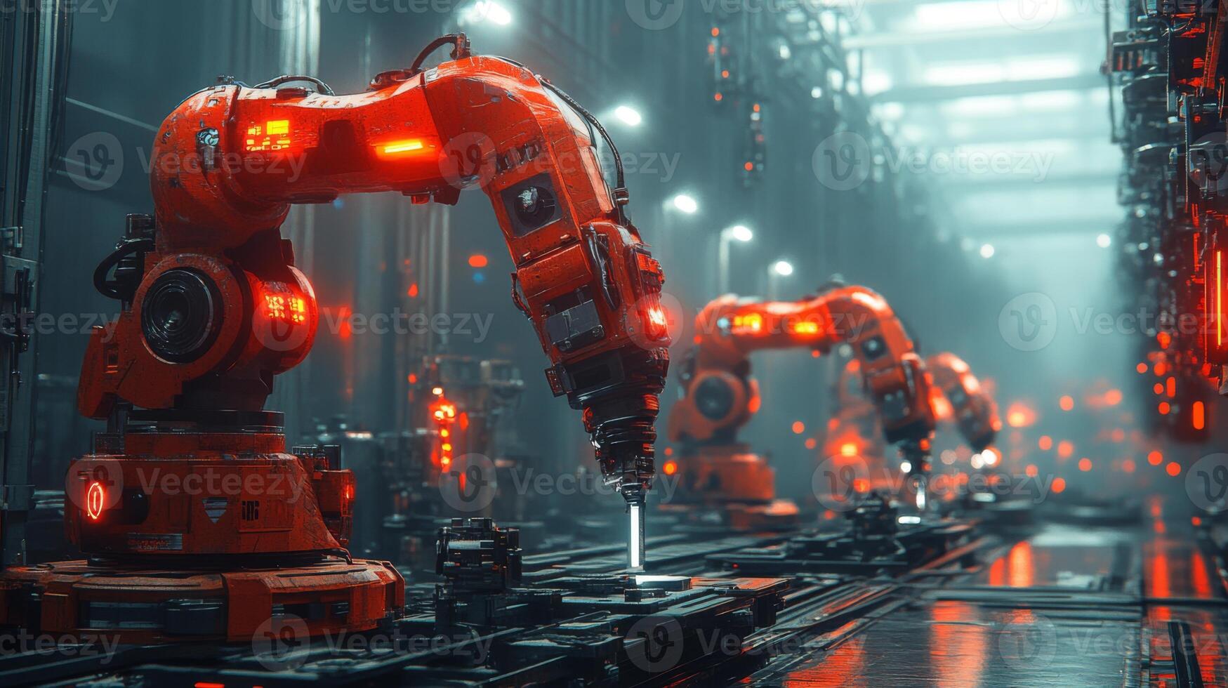 Robotic arms equipped with advanced technology are actively engaged in manufacturing processes within a high-tech factory, optimizing production time and quality. photo