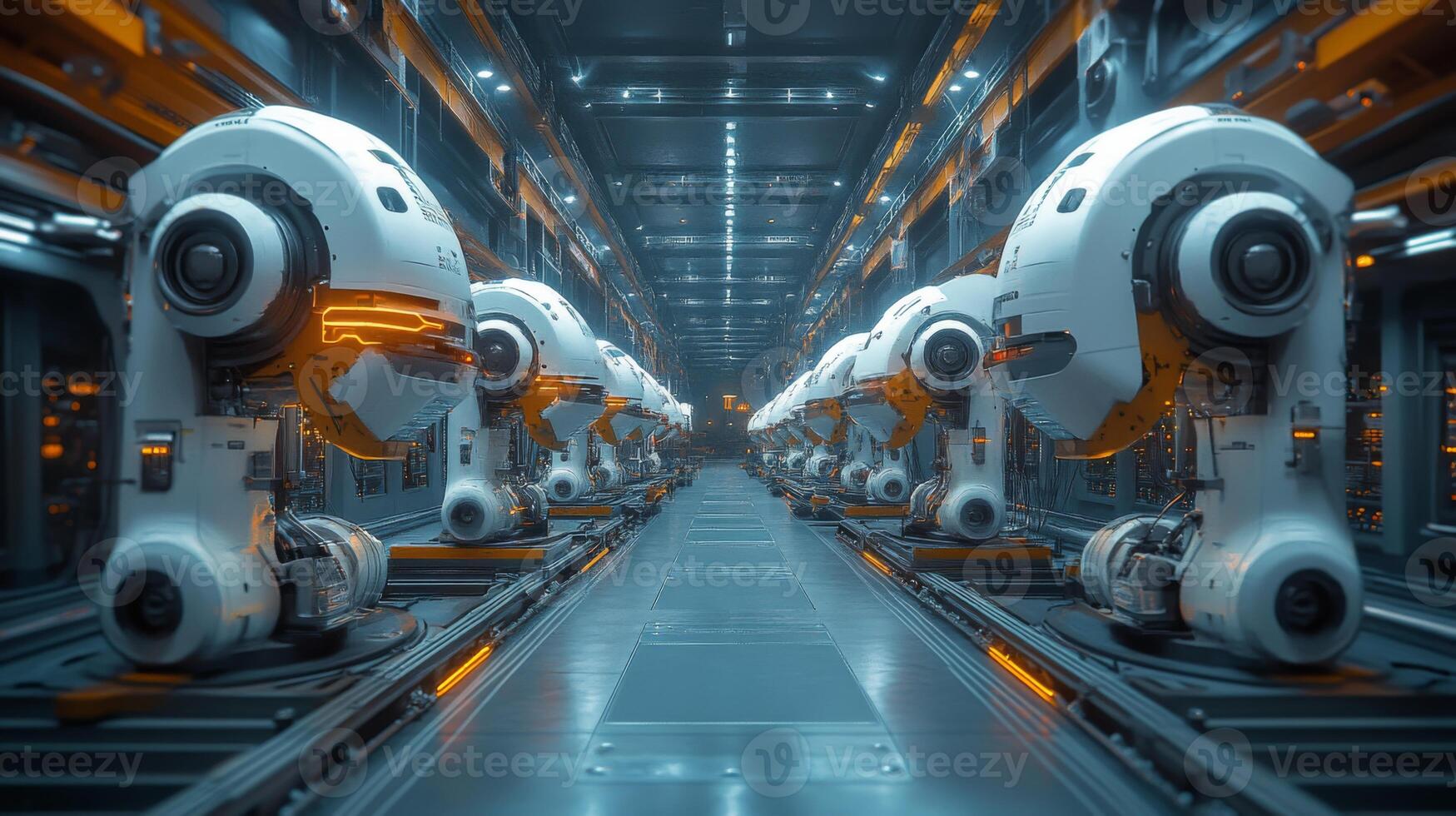 Robotic arms are actively working on an automated assembly line within a highly advanced manufacturing facility. The interior showcases a futuristic design emphasizing efficiency and technology. photo
