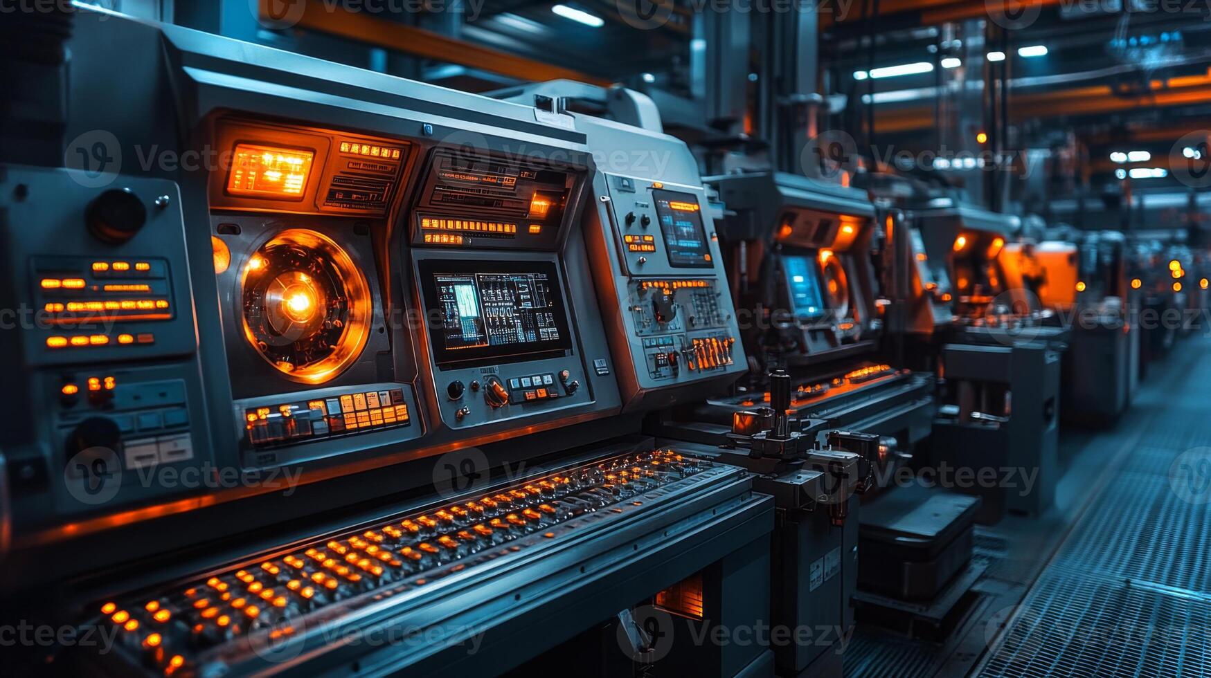 Advanced industrial machines are operating in a workshop, featuring bright displays and control panels. The environment emphasizes automation and efficient engineering processes. photo