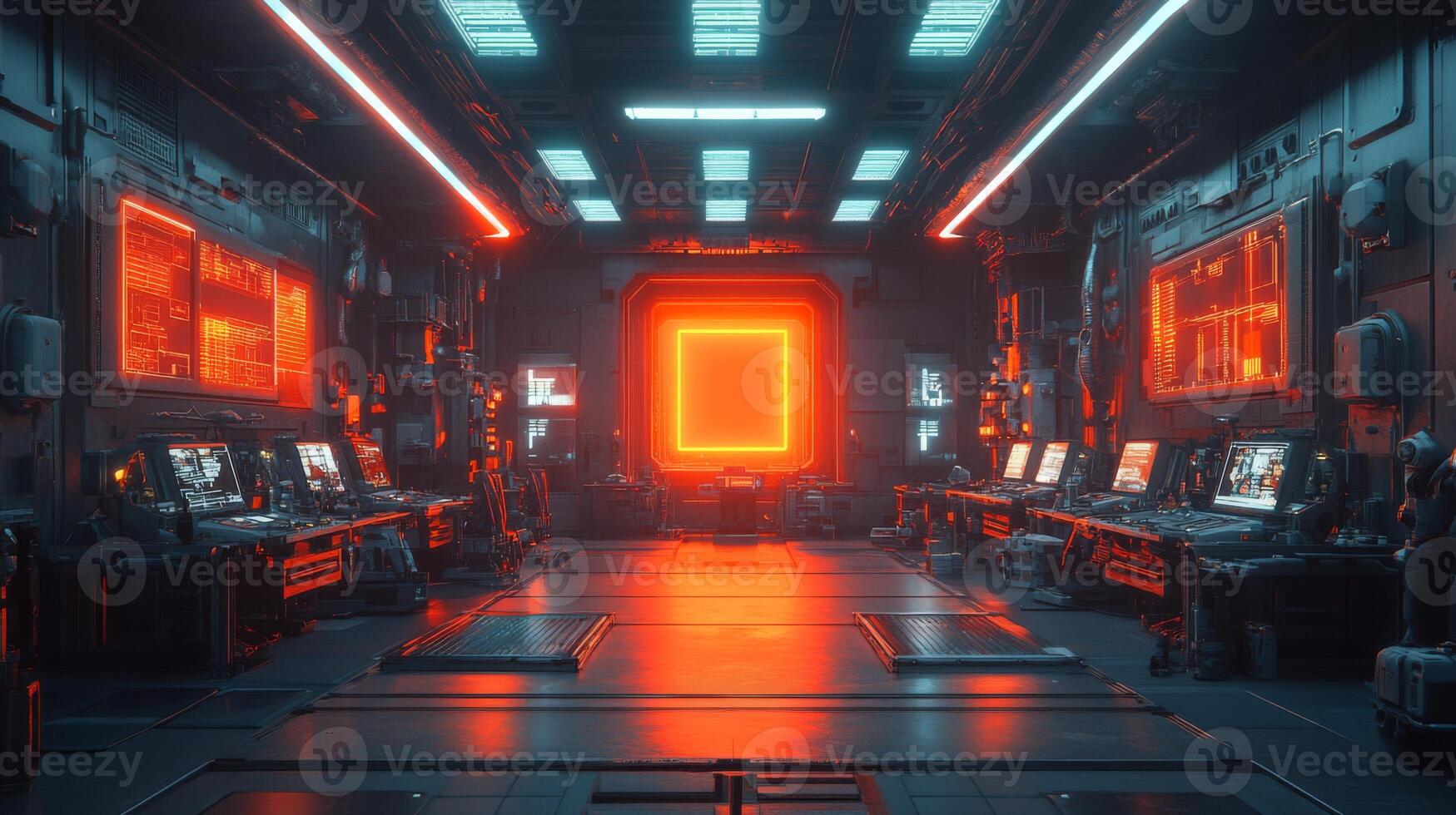 Inside a high-tech manufacturing facility, advanced automation equipment and control panels emit red light. Engineers monitor systems and prioritize safety measures in this modern workshop. photo