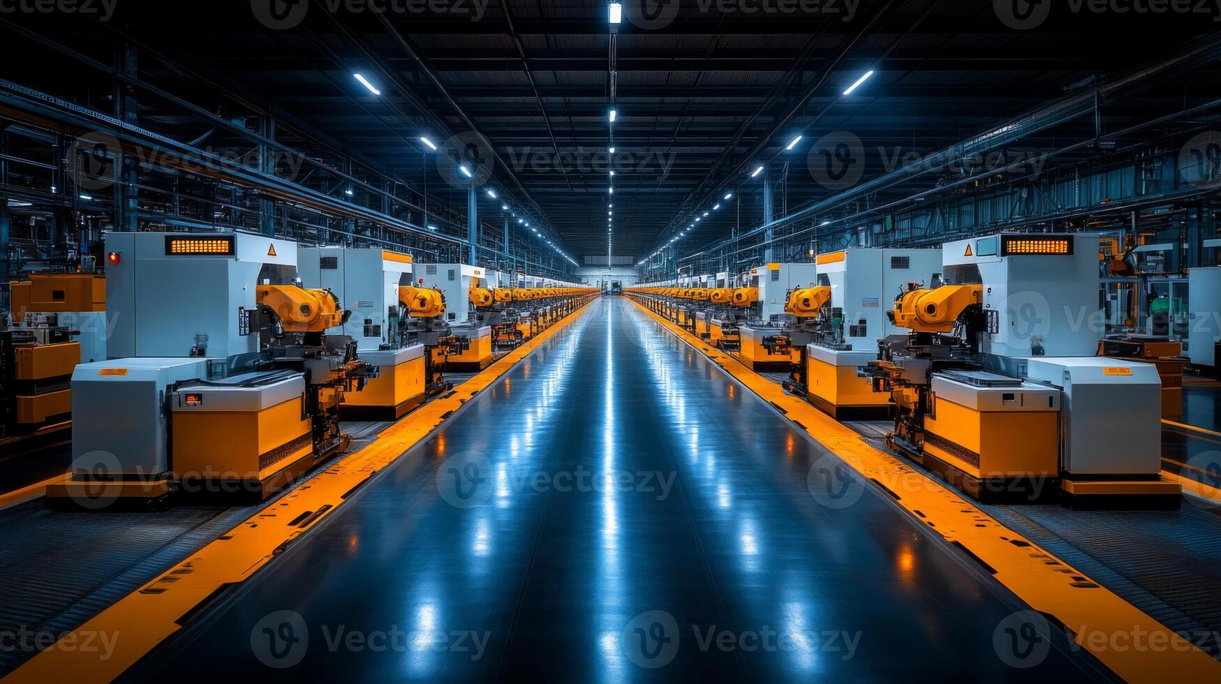 A row of advanced manufacturing machines operates in a well-lit, spacious factory. The facility emphasizes efficiency, safety, and modern engineering practices with a focus on automated processes. photo