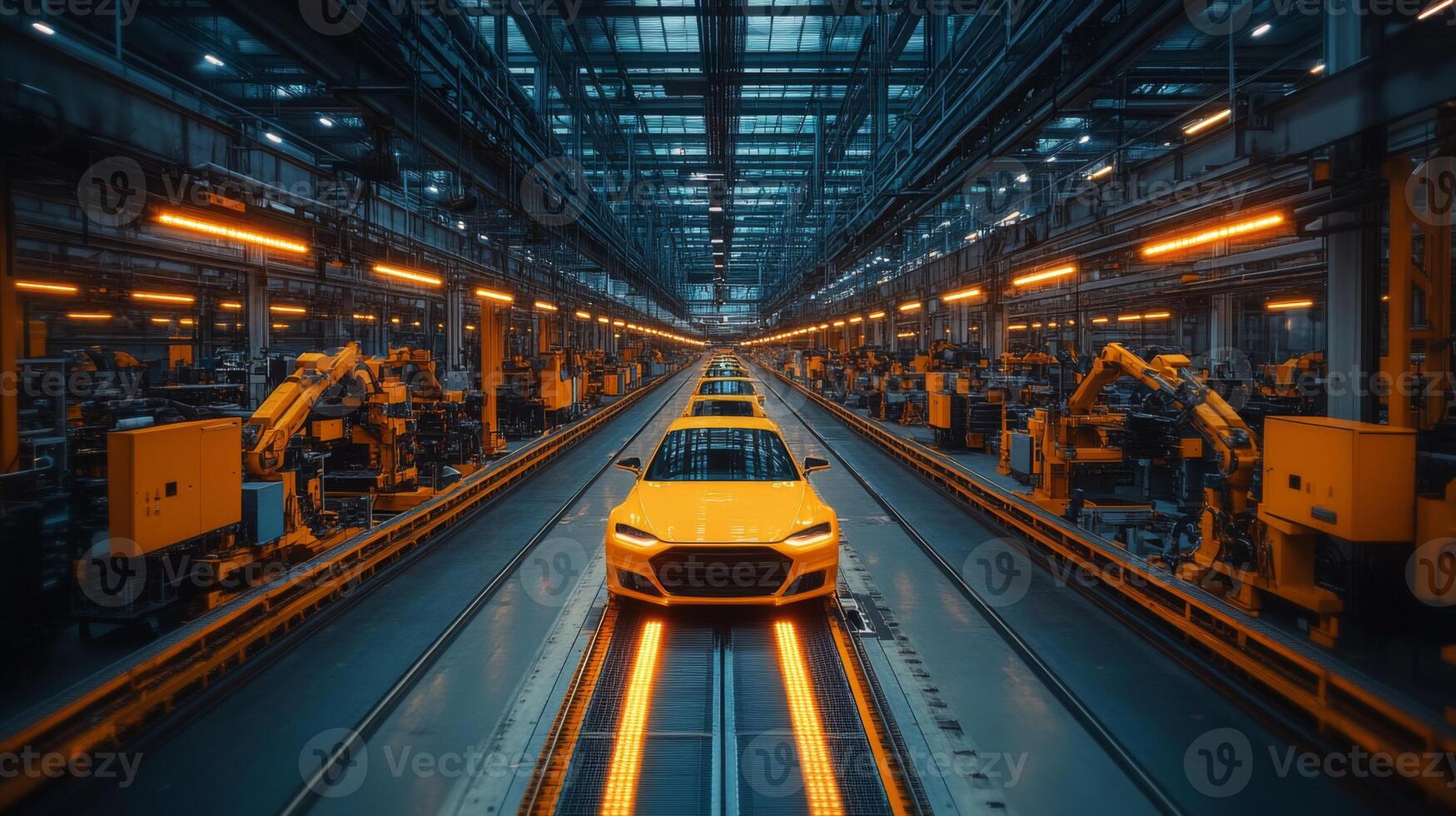In a cutting-edge automotive factory, robotic arms efficiently work on yellow cars moving along the automated assembly line. Bright lighting highlights the advanced manufacturing process. photo