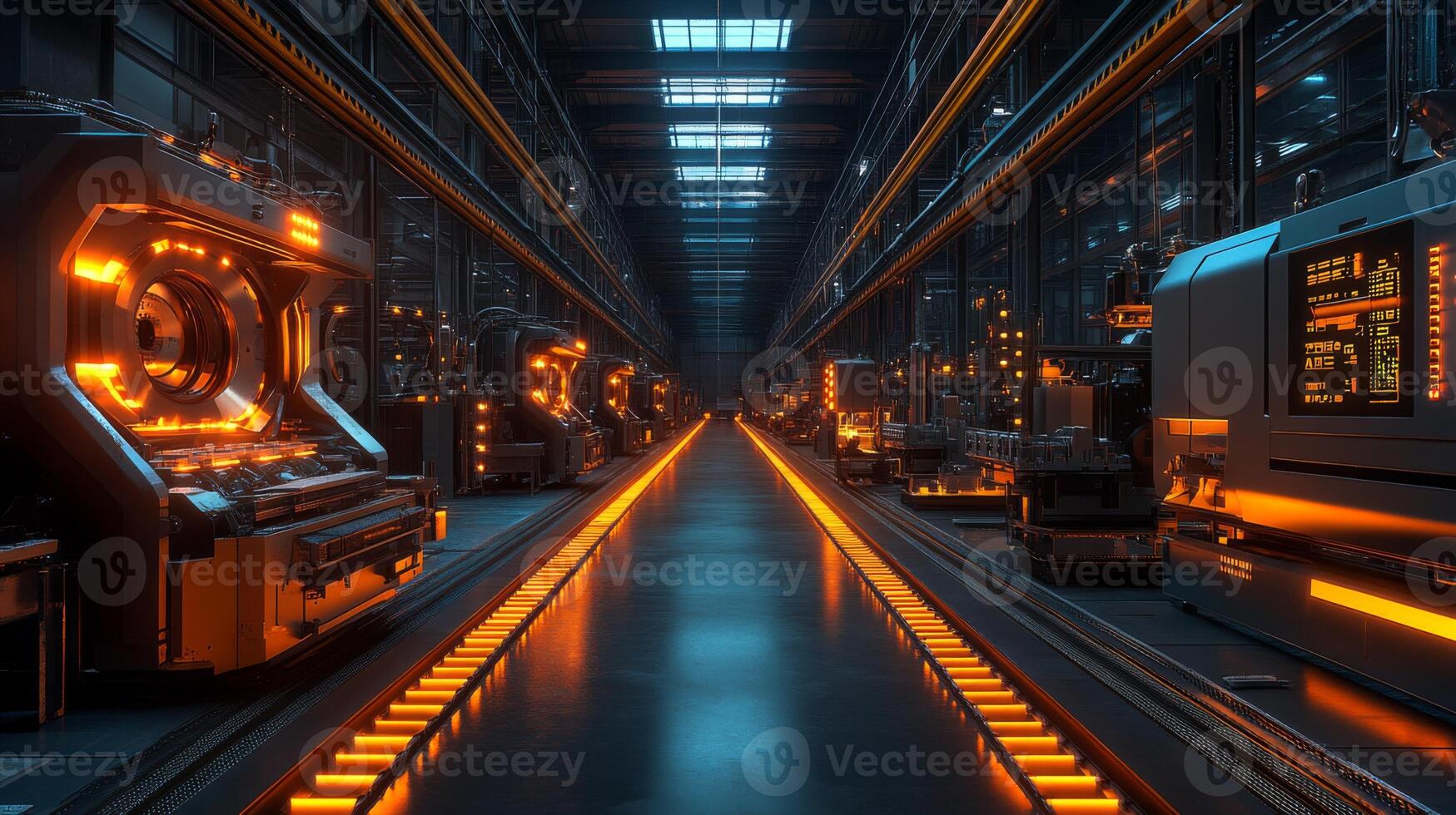 A streamlined manufacturing workspace is highlighted by illuminated machinery and equipment, emphasizing efficiency and safety in an automated workflow during the day. photo