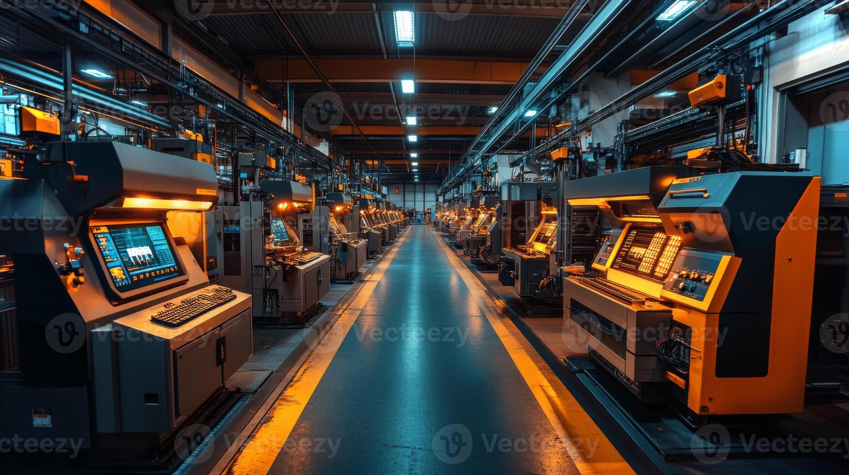 Rows of automated machines illuminate a spacious manufacturing workshop, highlighting advanced engineering and industrial processes during nighttime hours. photo