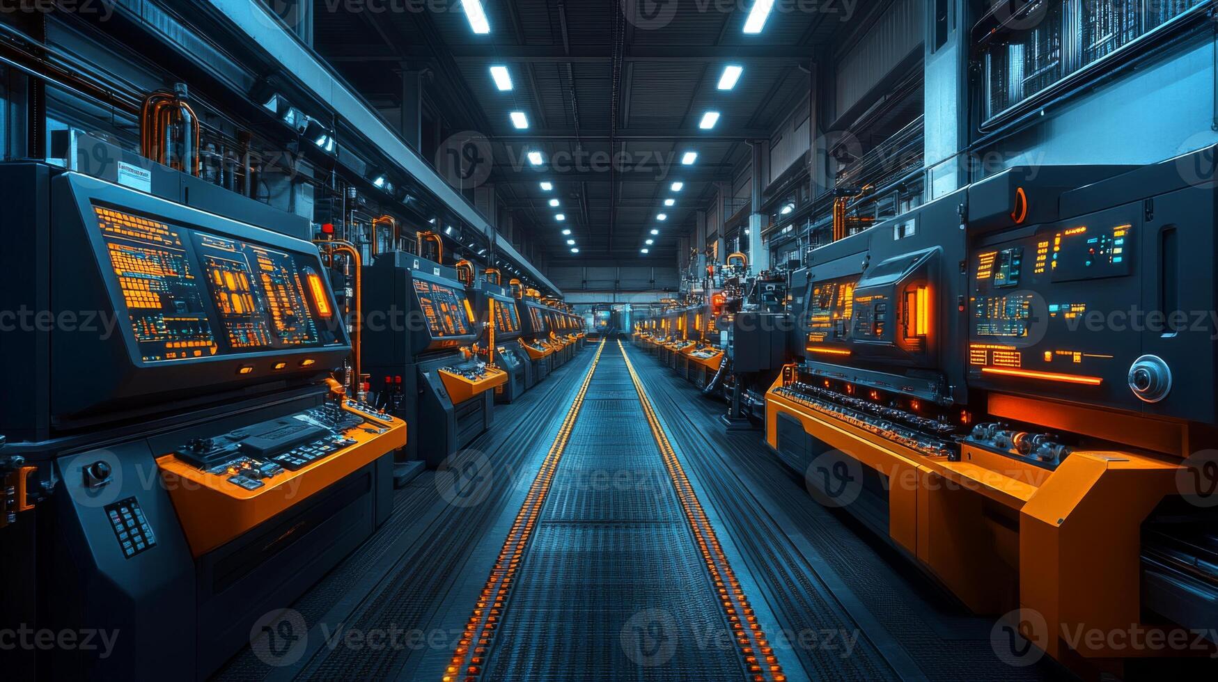 Inside a state-of-the-art manufacturing facility, high-tech machines line the workshop, illuminated by bright orange lights. Engineers monitor automated processes for efficiency. photo