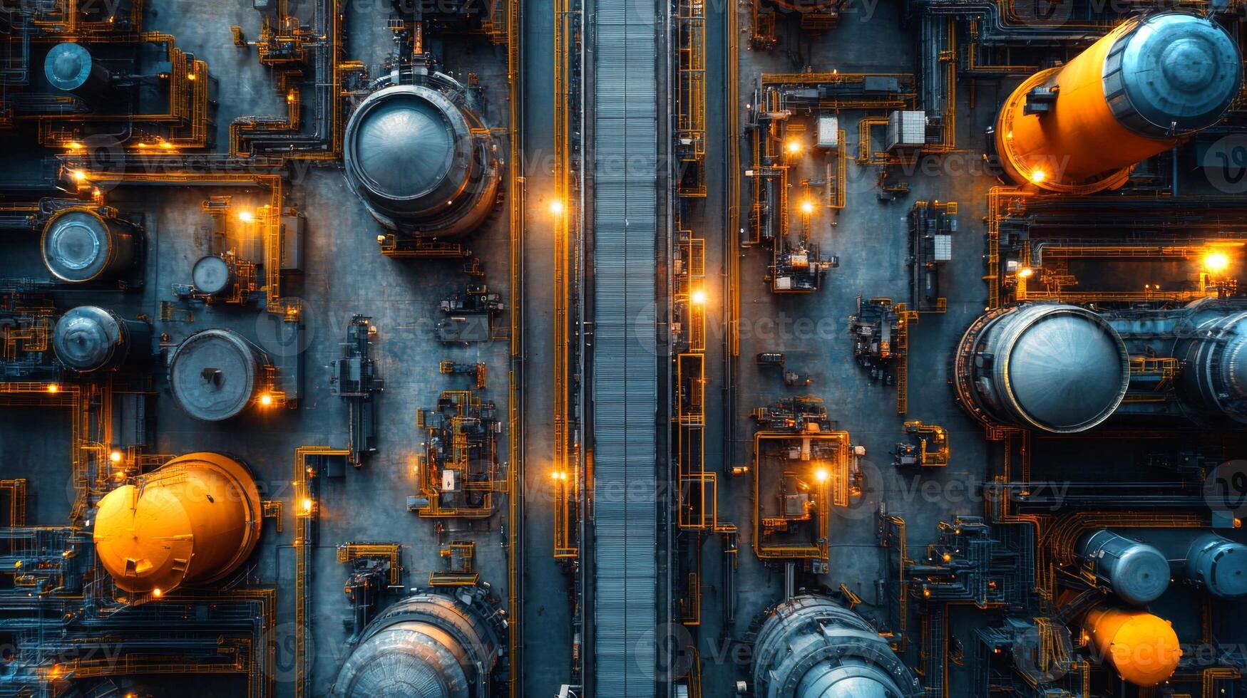 An overview of a modern factory filled with automated machinery and industrial equipment. Bright lights illuminate the workspace, highlighting safety features and organized systems in action. photo